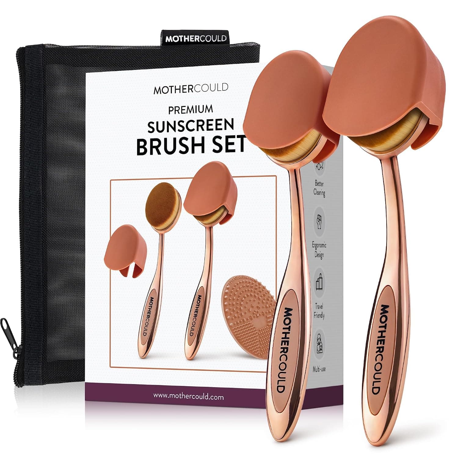 Mothercould Premium Sunscreen Brush Set – Kids & Baby Sunblock Applicator with Metal Handles, Travel Bag, 2 Brushes, 2 Caps, & Cleaning Mat – Rose Gold – Mess-Free Sun Care (2 Pack) (Rose Gold)