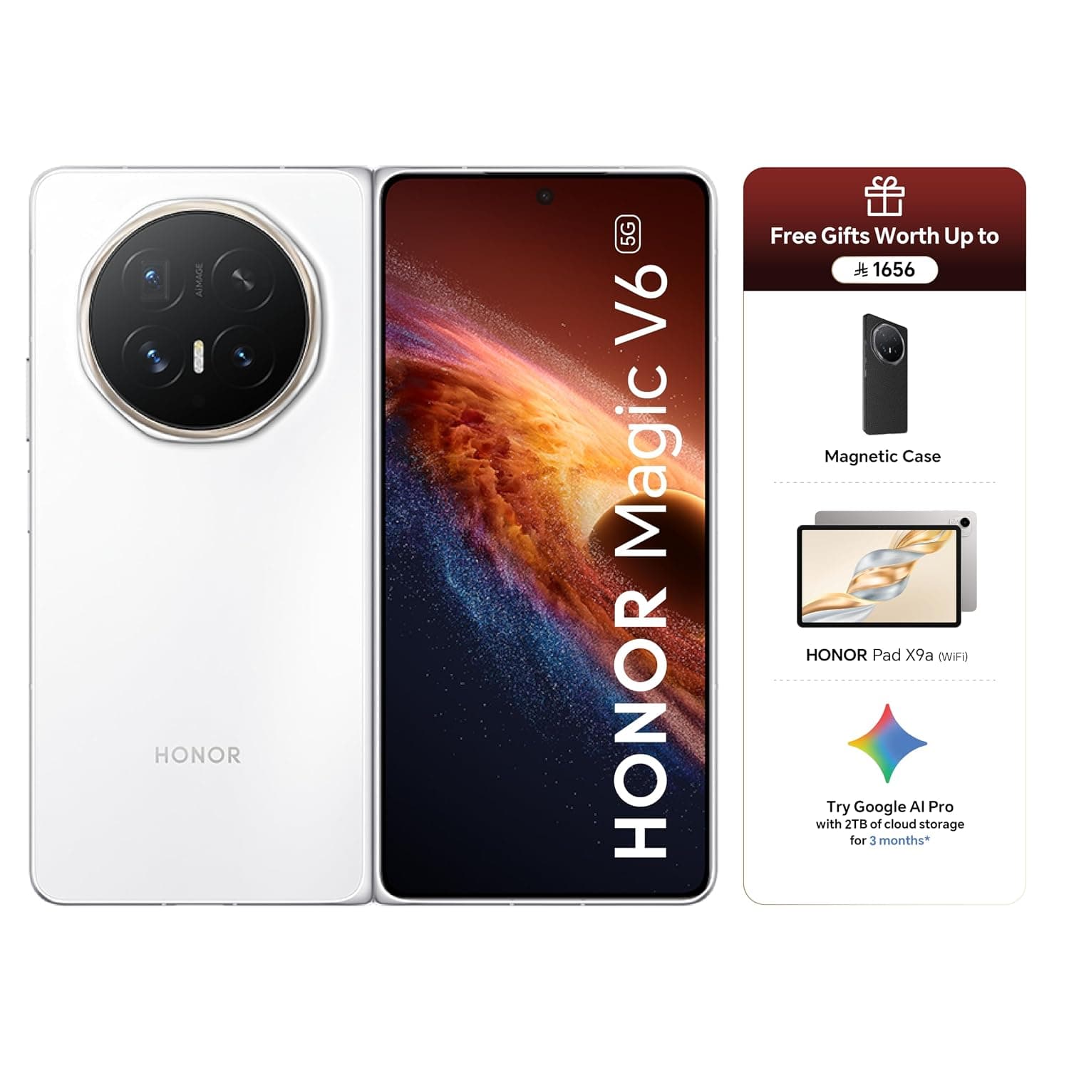 HONOR Magic V6 5G Foldable Smartphone 16GB RAM 512GB Storage | Snapdragon 8 Elite Gen 5 | 64MP Telephoto Camera | White | Free Gift HONOR Pad X9a