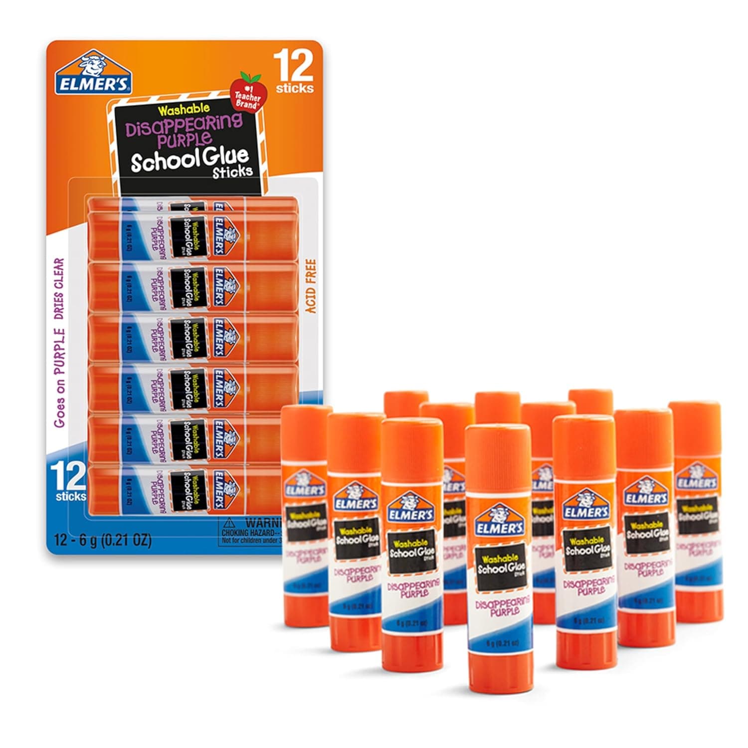 Elmer's Disappearing Purple School Glue Sticks, Washable, 6 Grams, 12 Count