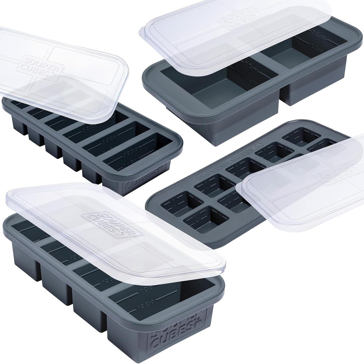 Souper Cubes Gift Set - 2 Tbsp, 1/2, 1 and 2 Cup Silicone Freezer Trays With Lids - Meal Prep and Kitchen Storage Solutions - Charcoal | 100% Platinum-Cured Silicone Freezer Meal Prep Containers, Oven & Microwave Safe, 2 Tbsp, 1/2, 1, & 2 Cup Starter Set