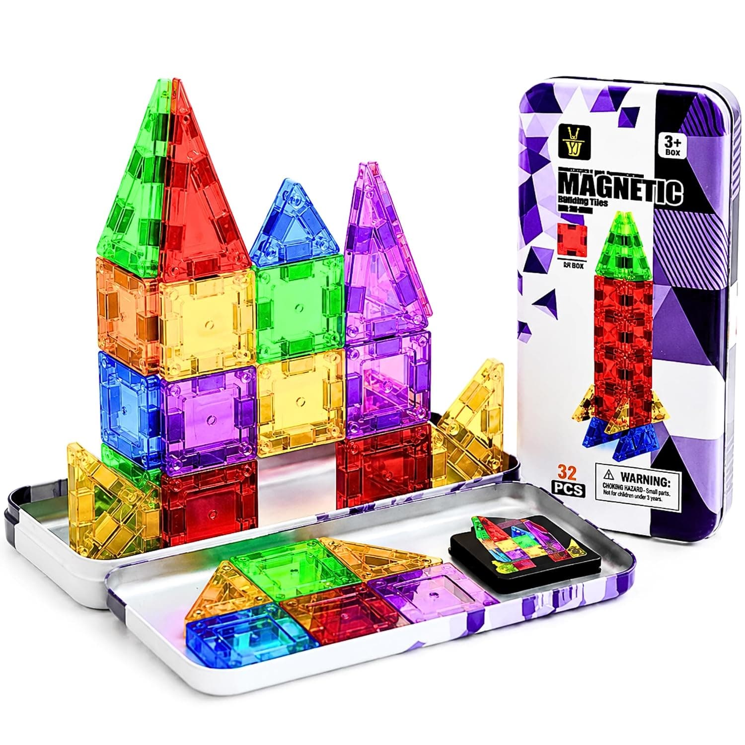 Mini Magnetic Tiles for Kids (32-Pcs), Portable Building Blocks for Children Ages 4,5,6 & 8 Years | Travel Magnet Building Tiles Set, STEM Educational Building Blocks Set