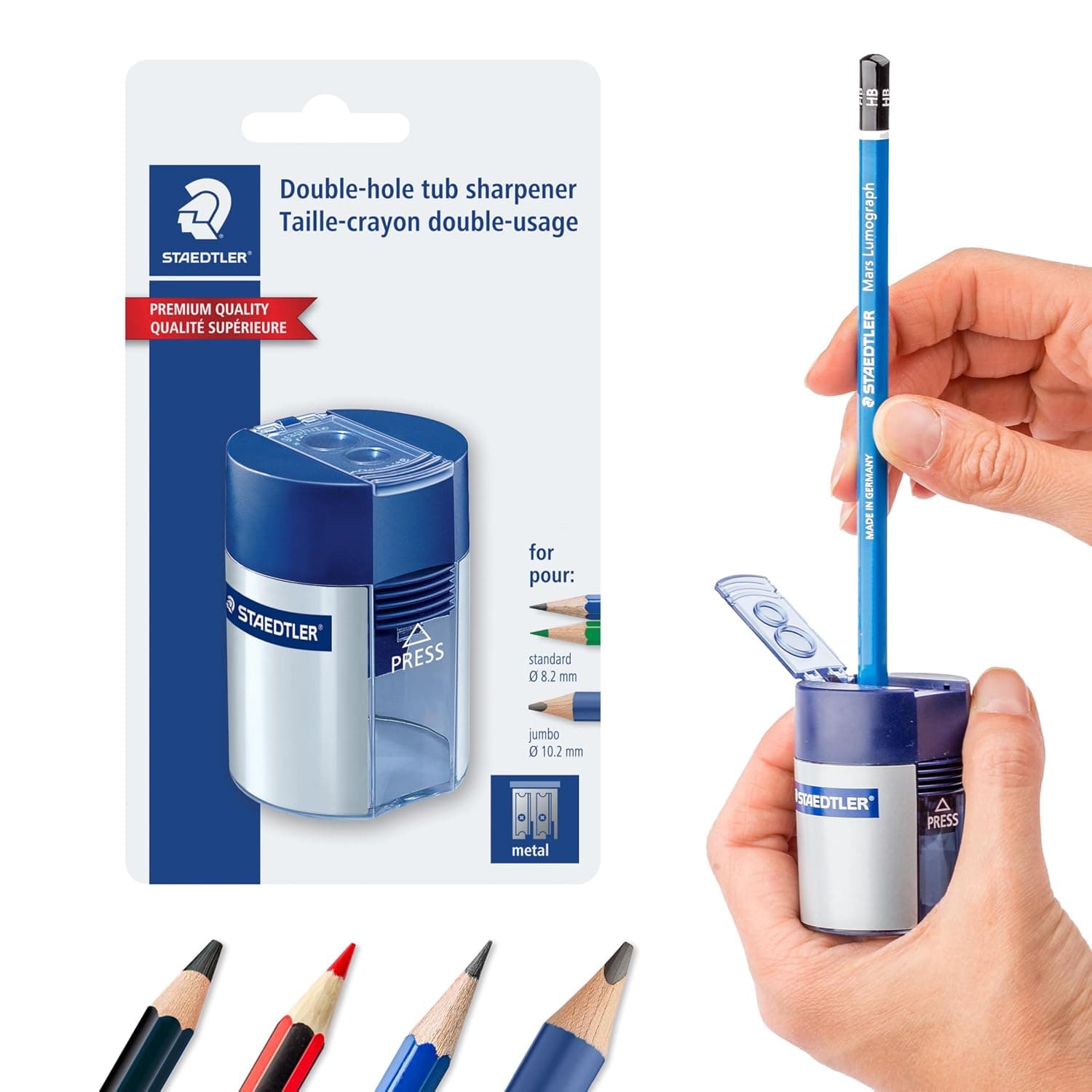 Staedtler Double Hole Pencil Sharpener, Two Holes for Standard Pencils, Large Colored Pencils, and Makeup Pencils, 512 001 BK