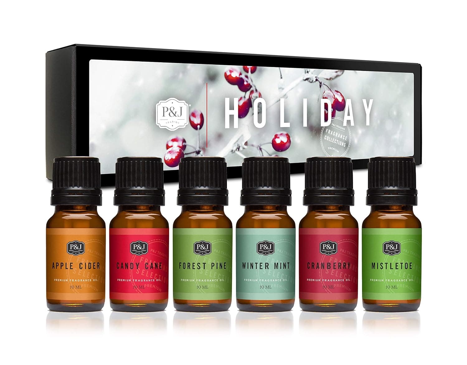 P&J Fragrance Oil Holiday Set | Mistletoe, Candy Cane, Wintermint, Apple Cider, Cranberry, and Forest Pine Candle Scents for Candle Making, Freshie Scents, Soap Making Supplies, Diffuser Oil Scents