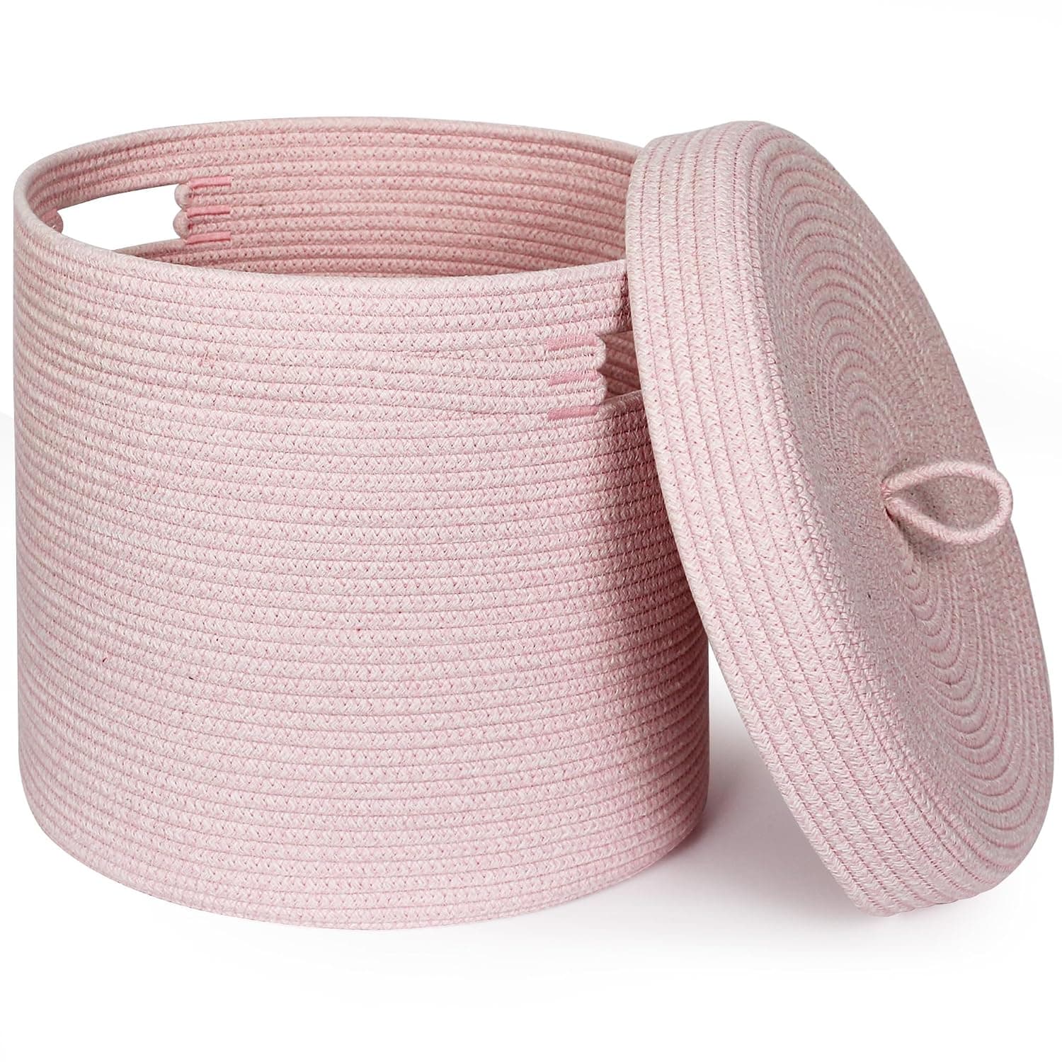 Storage Basket with Lid, Woven Blanket Storage for Living Room, Soft Cotton Rope Bin with Lid, Round Wicker Laundry Basket with Cover, Lidded Kid Dog Toy Box, Nursery Organizer, 15"x13", Pink