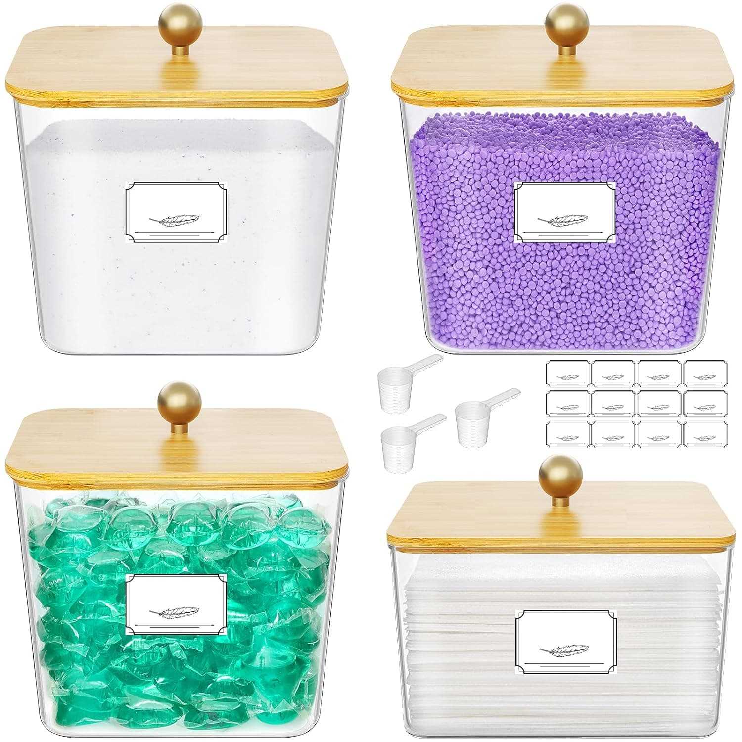 Lifewit 3+1 Pack Laundry Pods Container and Dryer Sheet Holder, Clear Detergent Dispenser for Washing Powder/Capsule/Pot/Tablets,Storage Holder for Laundry Room Organization with Wooden Lids & Labels