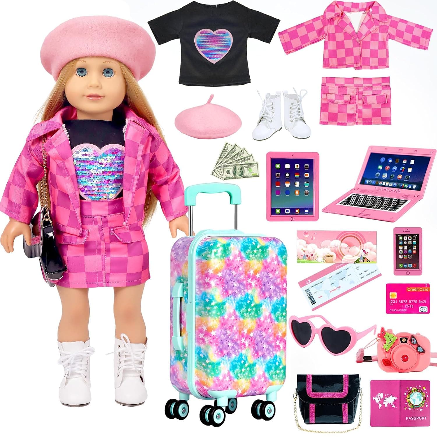 ARTST American 18 Inch Doll Suitcase Accessories and Clothes Outfit Set | 18 inch doll travel uniform set with luggage,Hat Handbag Sunglasses Camera Computer Passport Cell Phone,gift for Girls