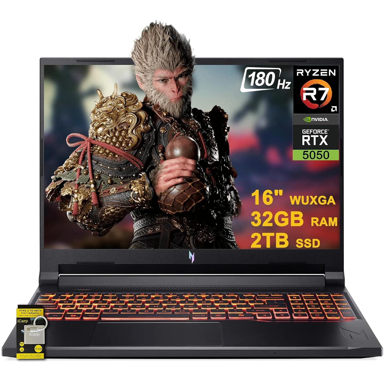 acer Nitro V 16 AI Gaming Laptop 16" WUXGA IPS 180Hz AMD Zen 4 Octa-Core Ryzen 7 260 32GB RAM 2TB SSD GeForce RTX 5050 (Up to 421 AI Tops) Backlit Win11 w/ICP Hub