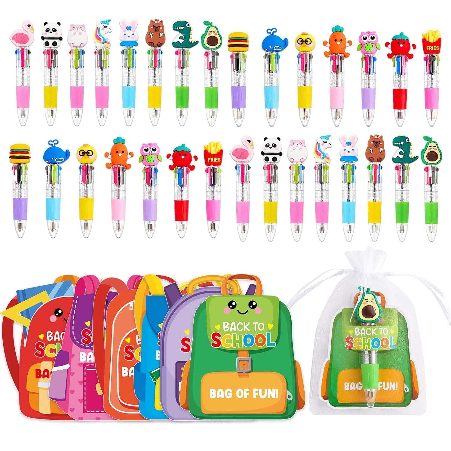 30 Sets Welcome Back to School Gifts Bulk Cute Multicolor Ballpoint Pens and Backpack Greeting Cards with Organza Bags First Day of School Gifts for Students Teacher Classroom Party Favors Rewards
