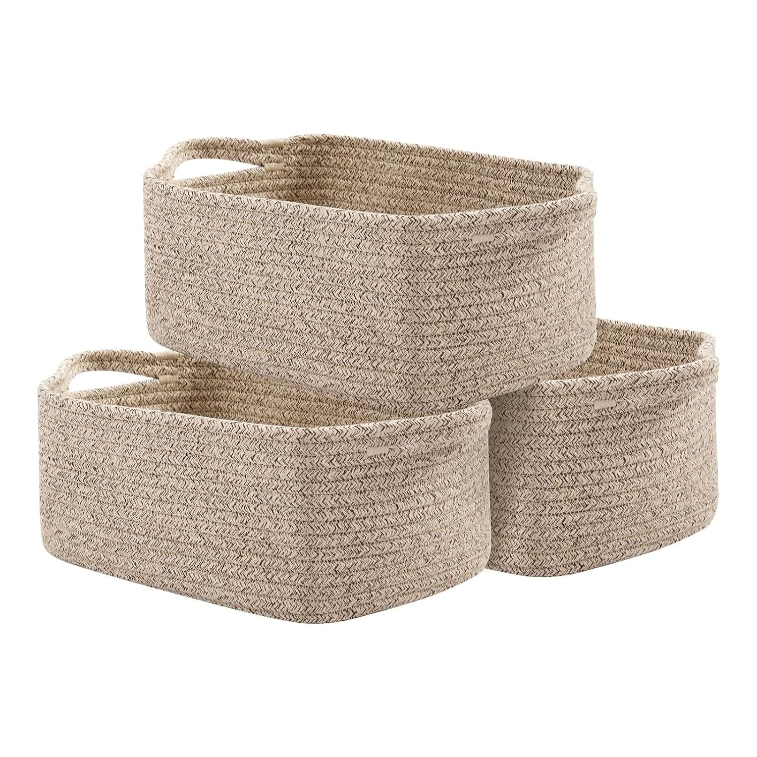 OIAHOMY Cotton Rope Baskets, Woven Baskets for Storage, Nursery Storage Baskets, Rectangle Storage Basket with Handles, Storage Baskets for Shelves, Pack of 3, Brown Variegated | Woven Baskets for Storage Nursery Storage Basket with Handles Baskets for Organizing Small Baskets Gift Baskets Empty
