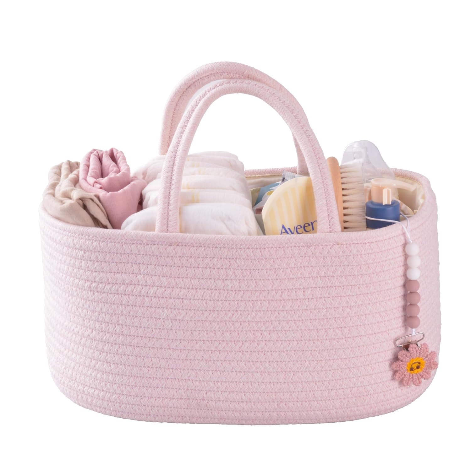 Diaper Caddy Organizer for Girl Boy Rope Nursery Storage Bin Basket Portable Holder Tote Bag for Changing Table Car Travel Baby Shower Gifts Newborn Essentials Registry Must Have Items pink