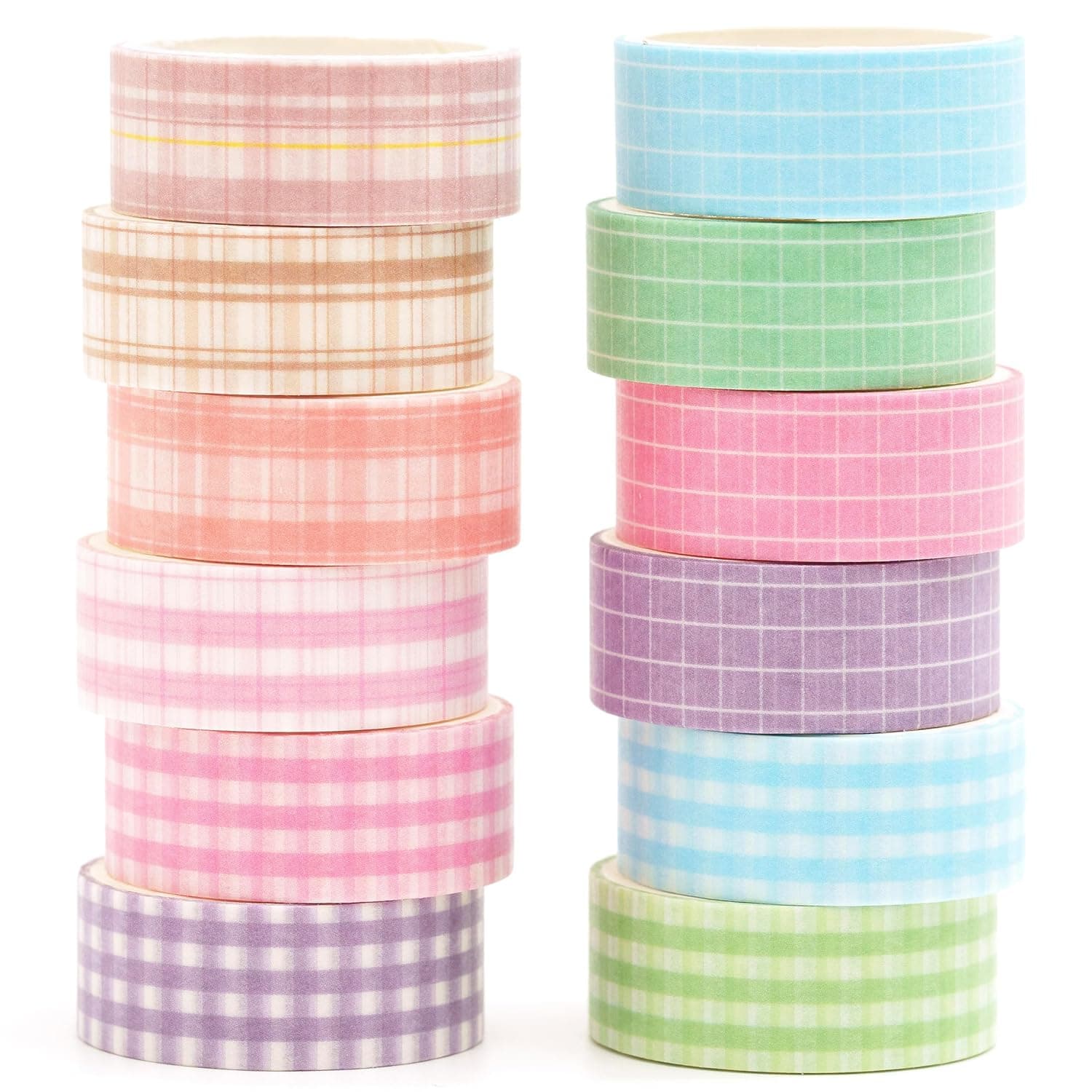 12 Rolls Grid Washi Tape Set Plaid Arts Adhesive Tapes Basic Patterns Decorative Masking Tape Sets for Craft, Kids, Scrapbook, DIY, Gift Wrapping (Style Four)