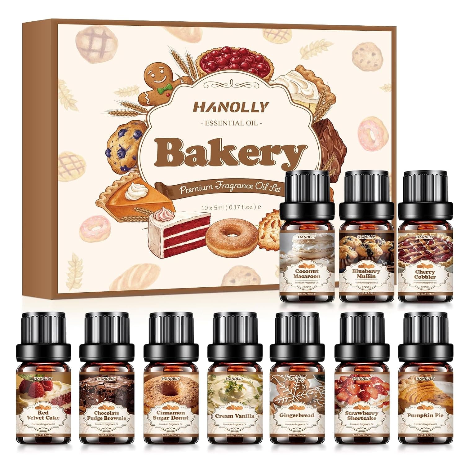 Hanolly Bakery Essential Oils Set 10 x 5 ml, Aroma Diffuser Oil Fragrance Oils for Candle Making - Gingerbread, Pumpkin Cake, Vanilla Cream, Strawberry Cake, Blueberry Muffin, Coconut Macaroon