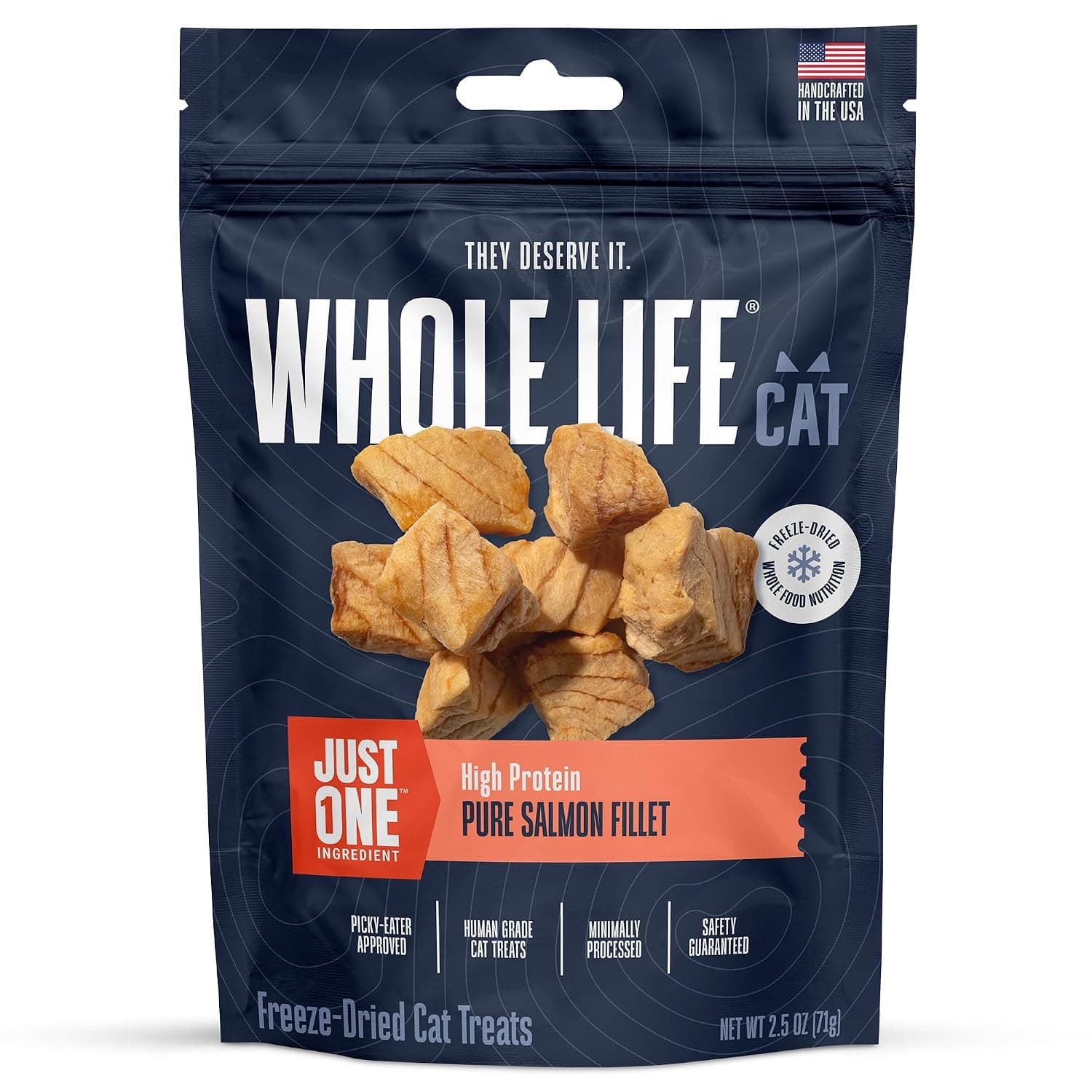 Whole Life Cat Just One Salmon Freeze Dried Cat Treats - Human Grade High Protein Food, Healthy Training Snacks, Freeze Dried Salmon Food Toppers, USA Made Natural Treats - 2.5 oz (Pack of 1)