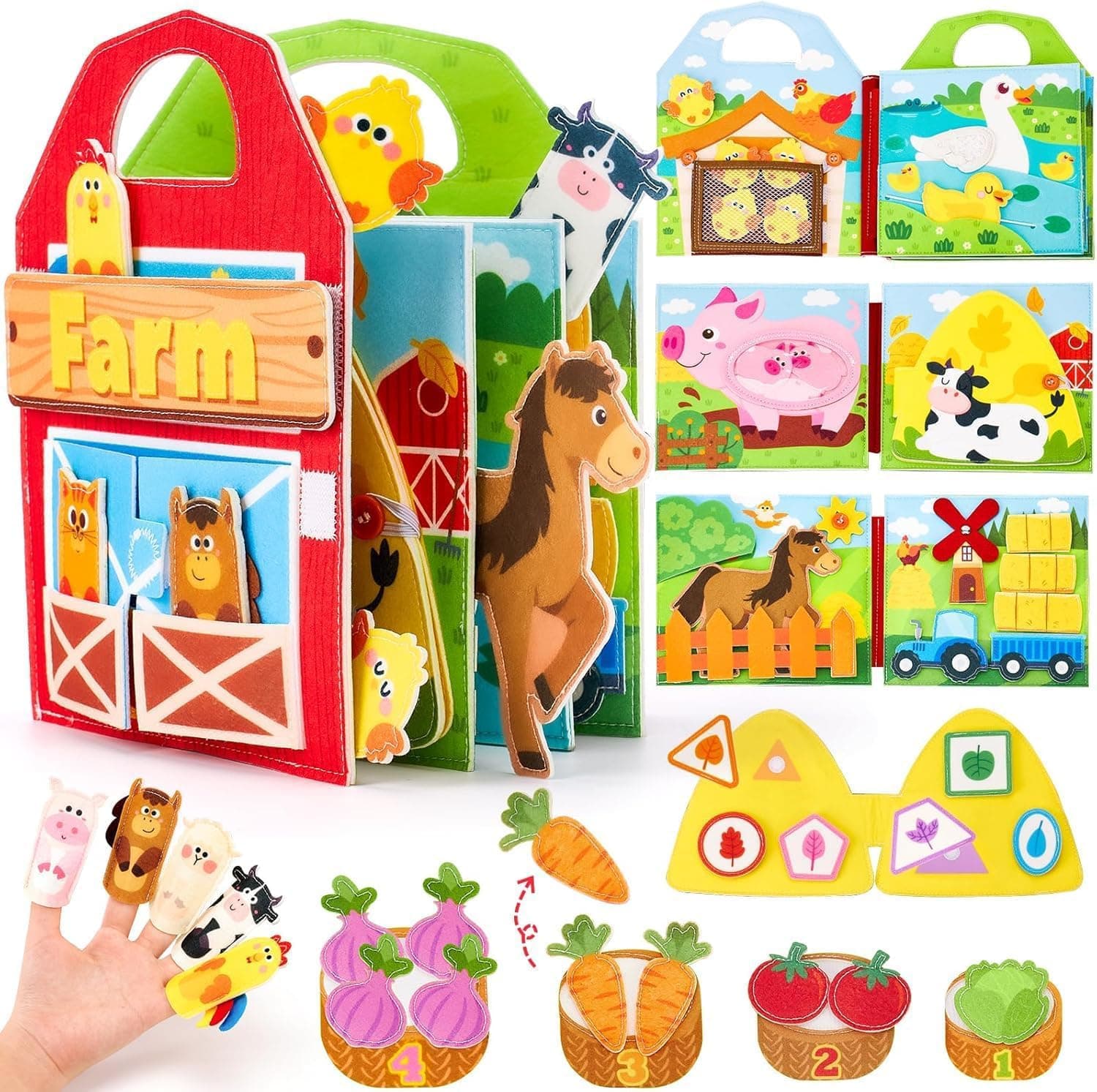 Moonmen Montessori Busy Book for Toddlers 1-3 - Farm Animals Quiet Busy Board for Boy Girl Gifts - Educational Activity Books Felt Learning Board Airplane Travel Toys (Farm A)