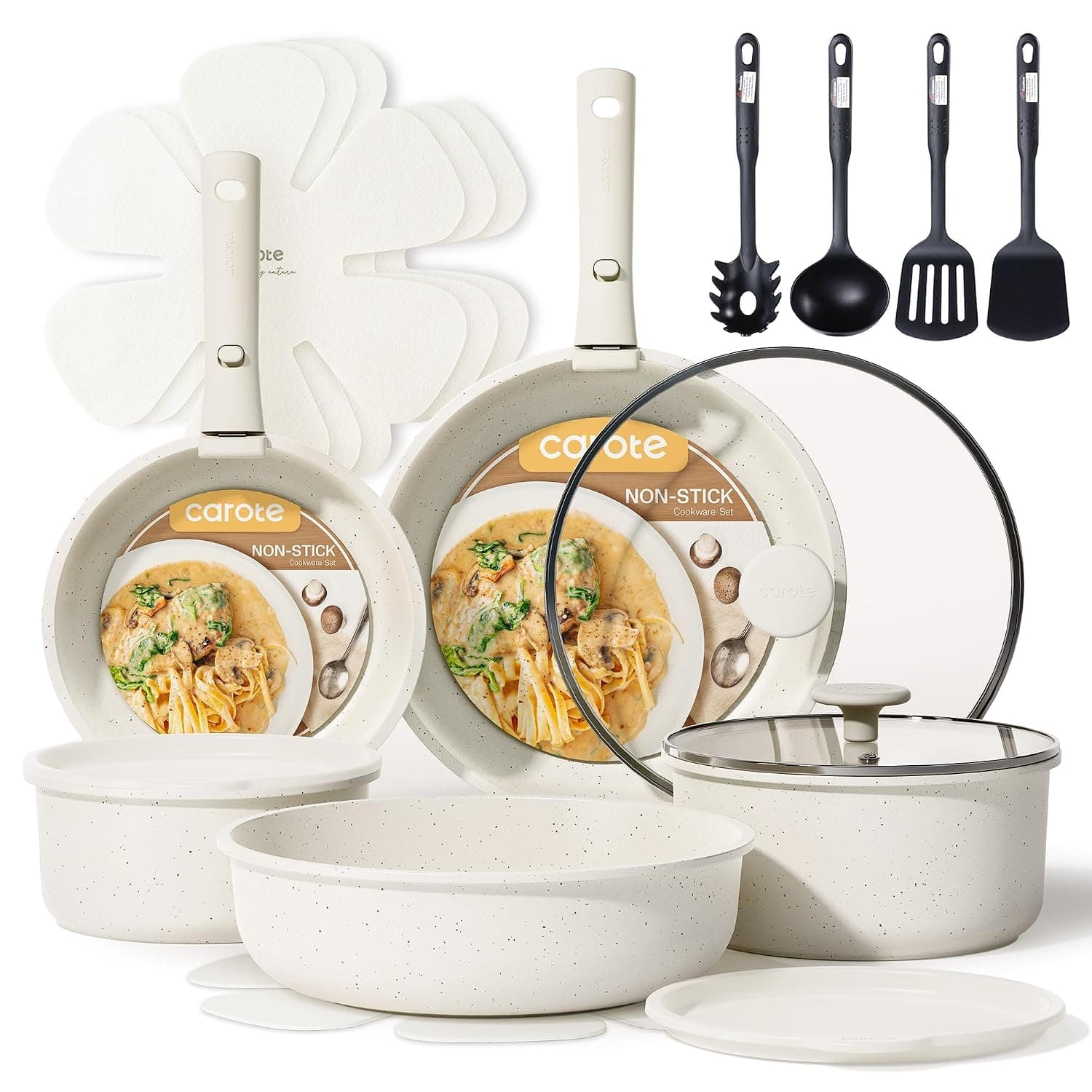 CAROTE 11 Pieces Nonstick Cookware Sets, Cookware Set with Removable handles, Kitchen Cooking Sets, Induction White Granite Cookware, Suitable for All Stoves, Oven Safe