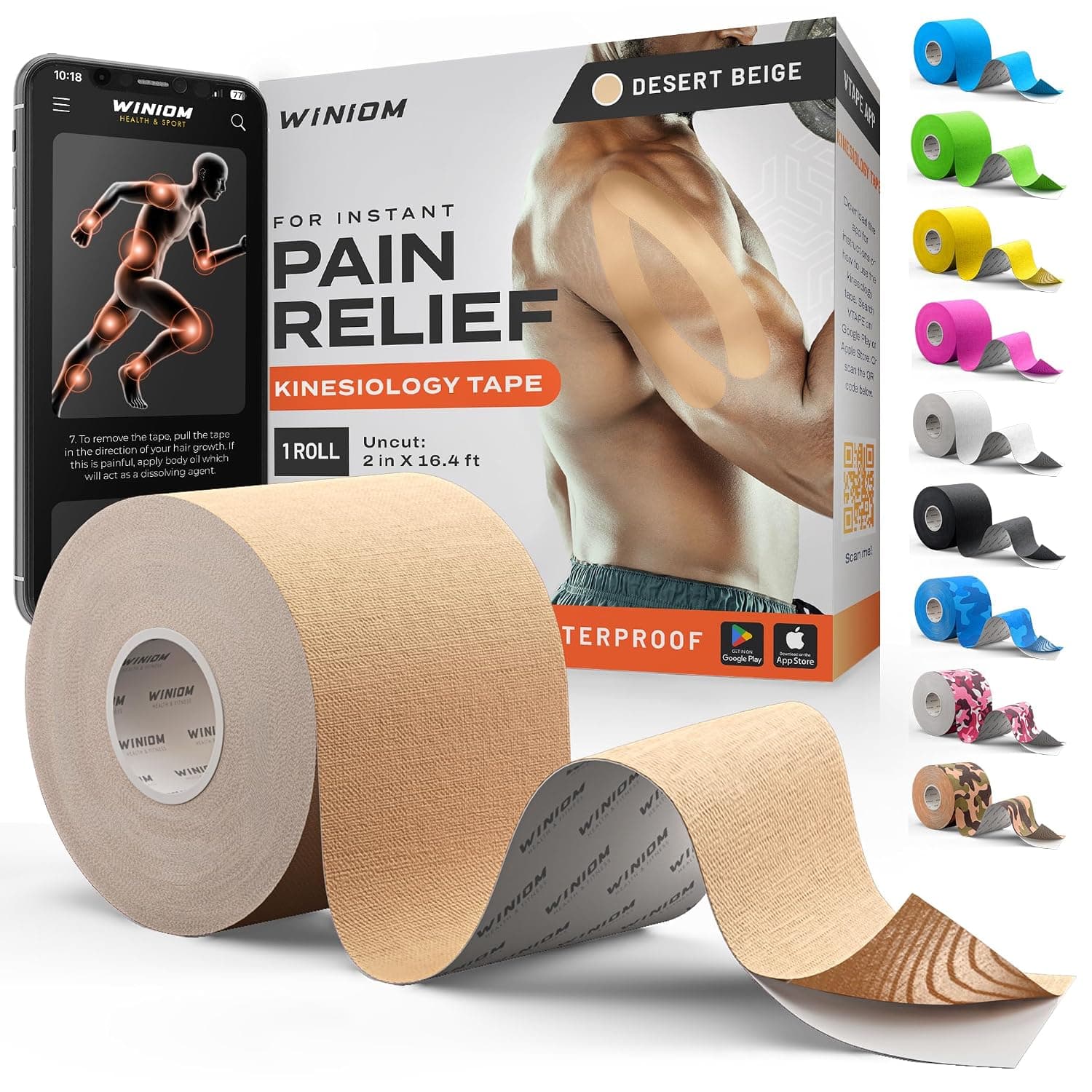 Kinesiology Tape, Amazing Support For Athletic Sports And Recovery And Free Tape Guide, 2 Inch 16.4 Feet Uncut Roll (Desert Beige And Free Tape Guide