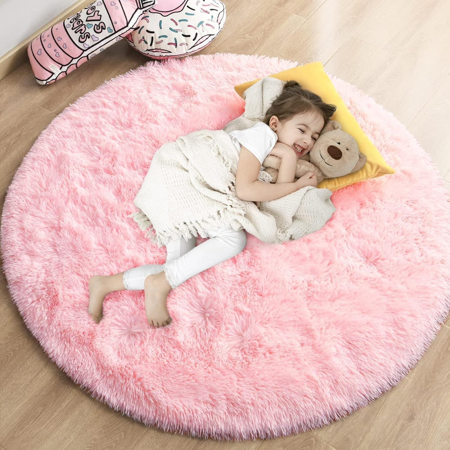 Gifeas Pink Round Rug for Girls Bedroom, Fluffy Circle 4'X4' for Kids Decor, Shaggy Circular for Baby Nursery Dorm, Upgrade Fuzzy Plush for Living Room, Cute Decor for Teens Baby