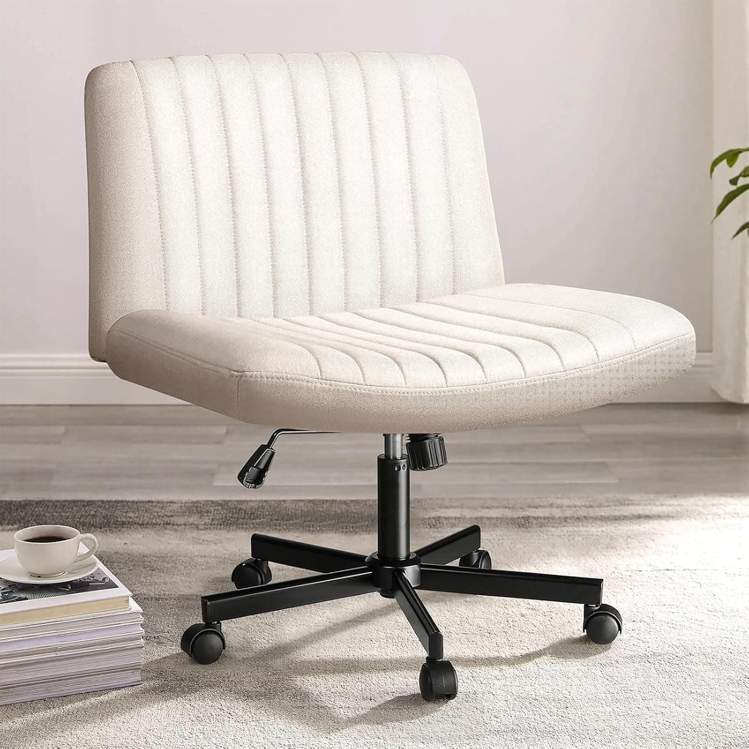 AnneFish Criss Cross Lounge Chair Wide for Home Desk, Adjustable Swivel Padded Fabric Vanity Task Office Computer Chair (Beige with wheels)