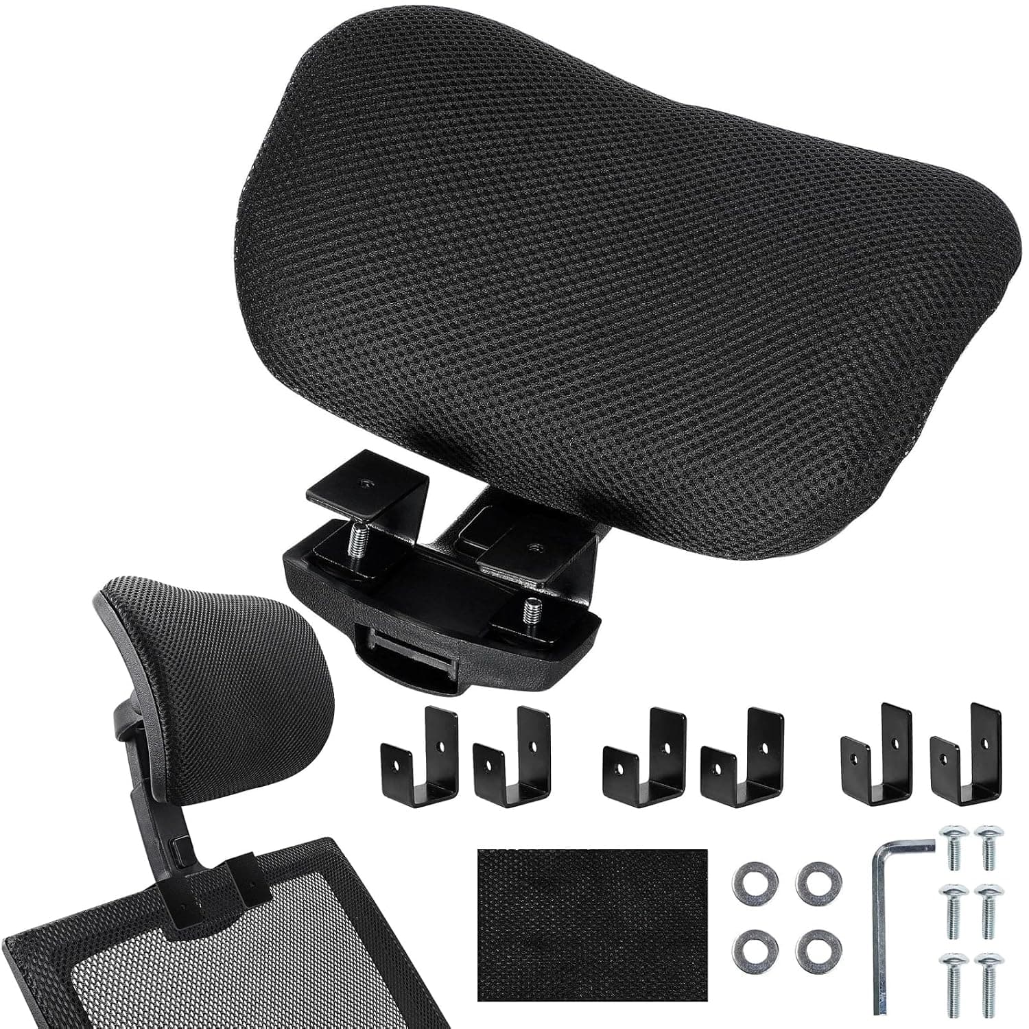 Office Chair Headrest Attachment, Ergonomic Neck Support Cushion, Mesh Fabric, Adjustable Height & 45° Rotatable Angle, Clip-On Design