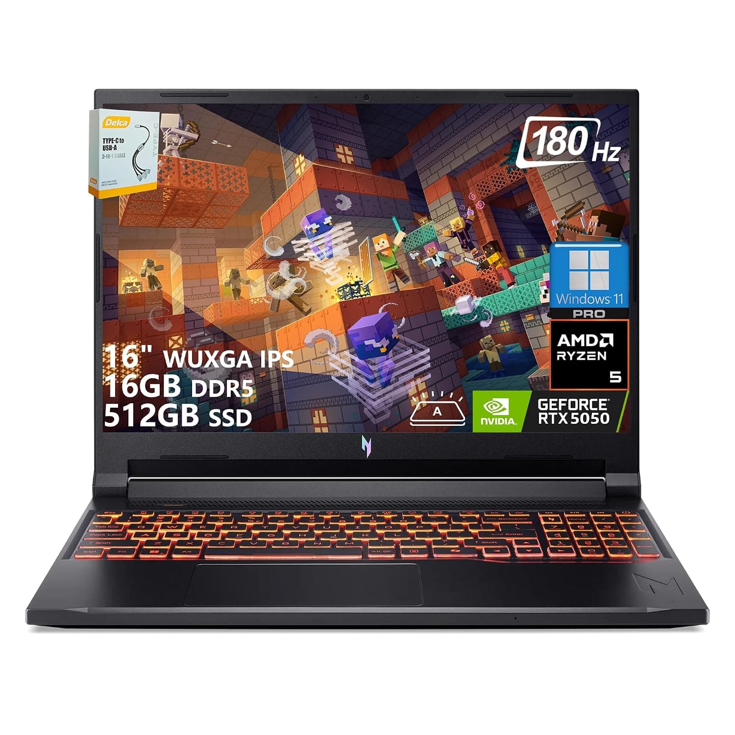 acer Nitro V 16 AI Gaming Laptop | 16" WUXGA IPS 180Hz | AMD Hexa-Core Ryzen 5 240 | 16GB DDR5 512GB SSD | GeForce RTX 5050 8GB DLSS4 (Up to 440 AI Tops) | Backlit Keyboard Win11 Pro w/DLCA Accessory