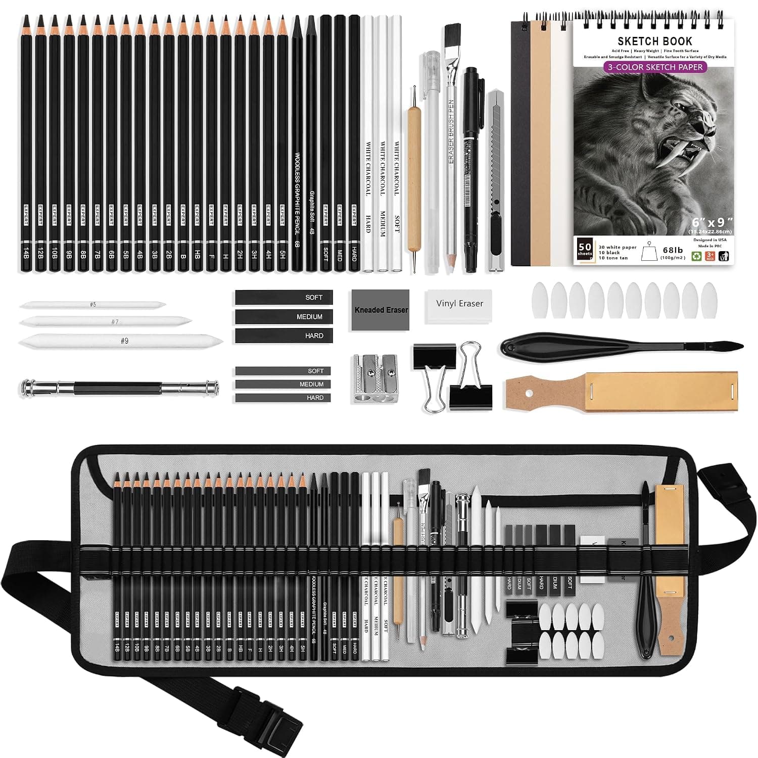 60 Pcs Drawing Kit Sketching Pencil Set, Azonee Sketch Pencils Art Supplies with 3-Color Sketchbook,Graphite,Charcoal,Drawing Pencils for Adults Artists