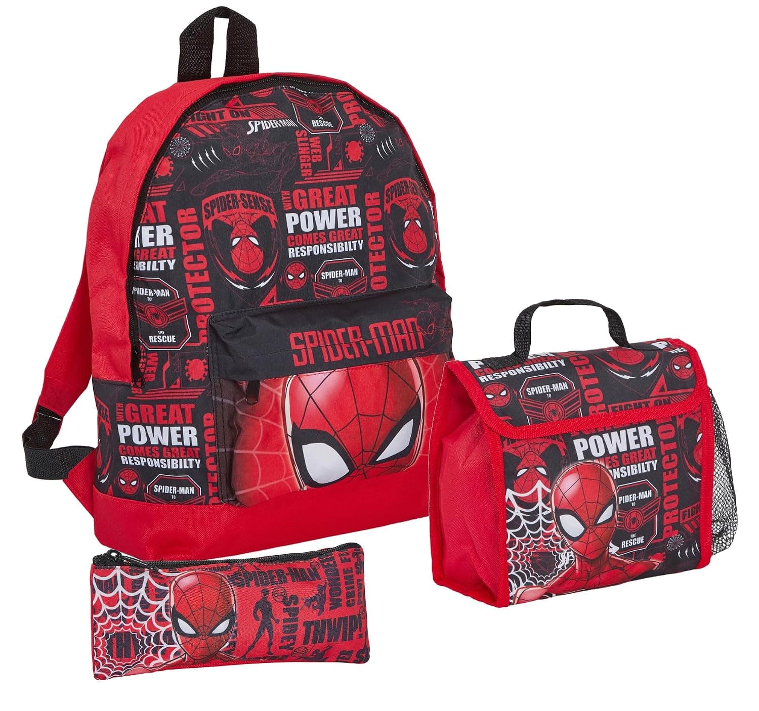 Spiderman Backpack + Lunch Bag + Pencil Case Boys 3-Piece Marvel School Bag Set, Red, Multi, rucksack
