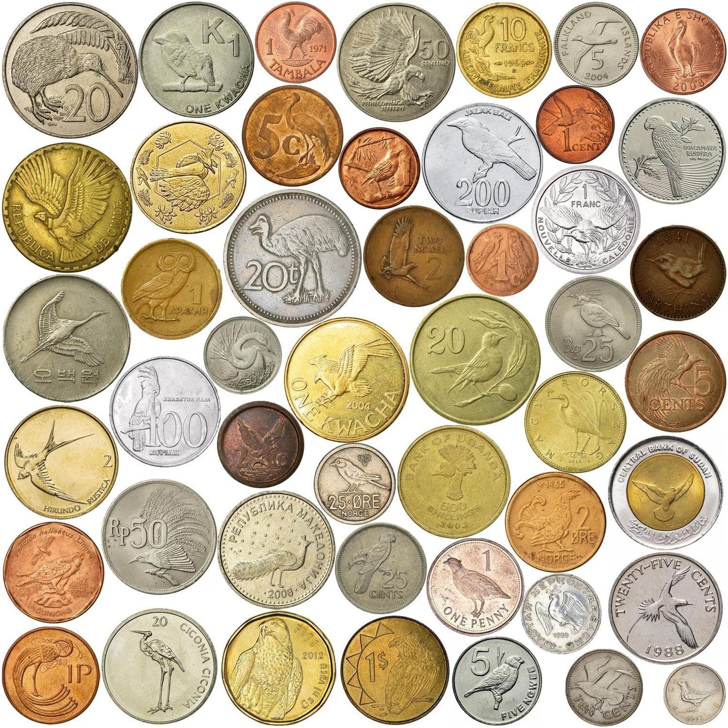 30 Different Fantasy Coins Featuring Birds - Eagles, Parrots, Hawks, Roosters and More - Authentic World Novelty Token Collection