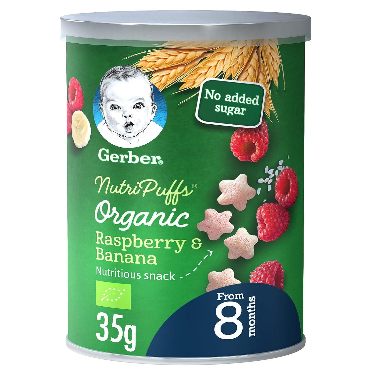 Gerber Organic Nutri Puffs Raspberry & Banana for Babies - Tin, 35g (8m+)