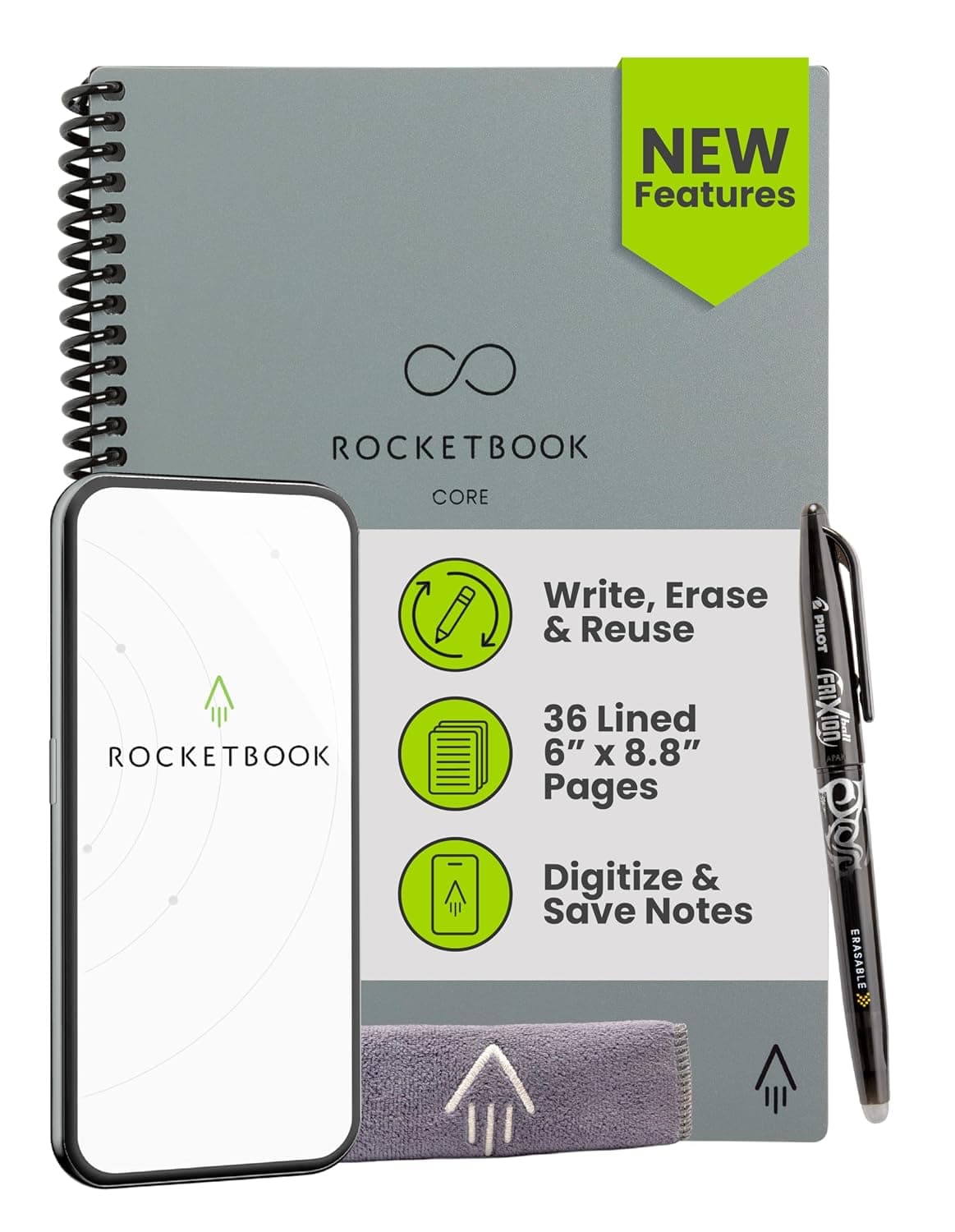 Rocketbook Core Reusable Smart Notebook, Lined Pages For School, Work and Creative Projects, Executive Size 6x8.8, Gray- Premium