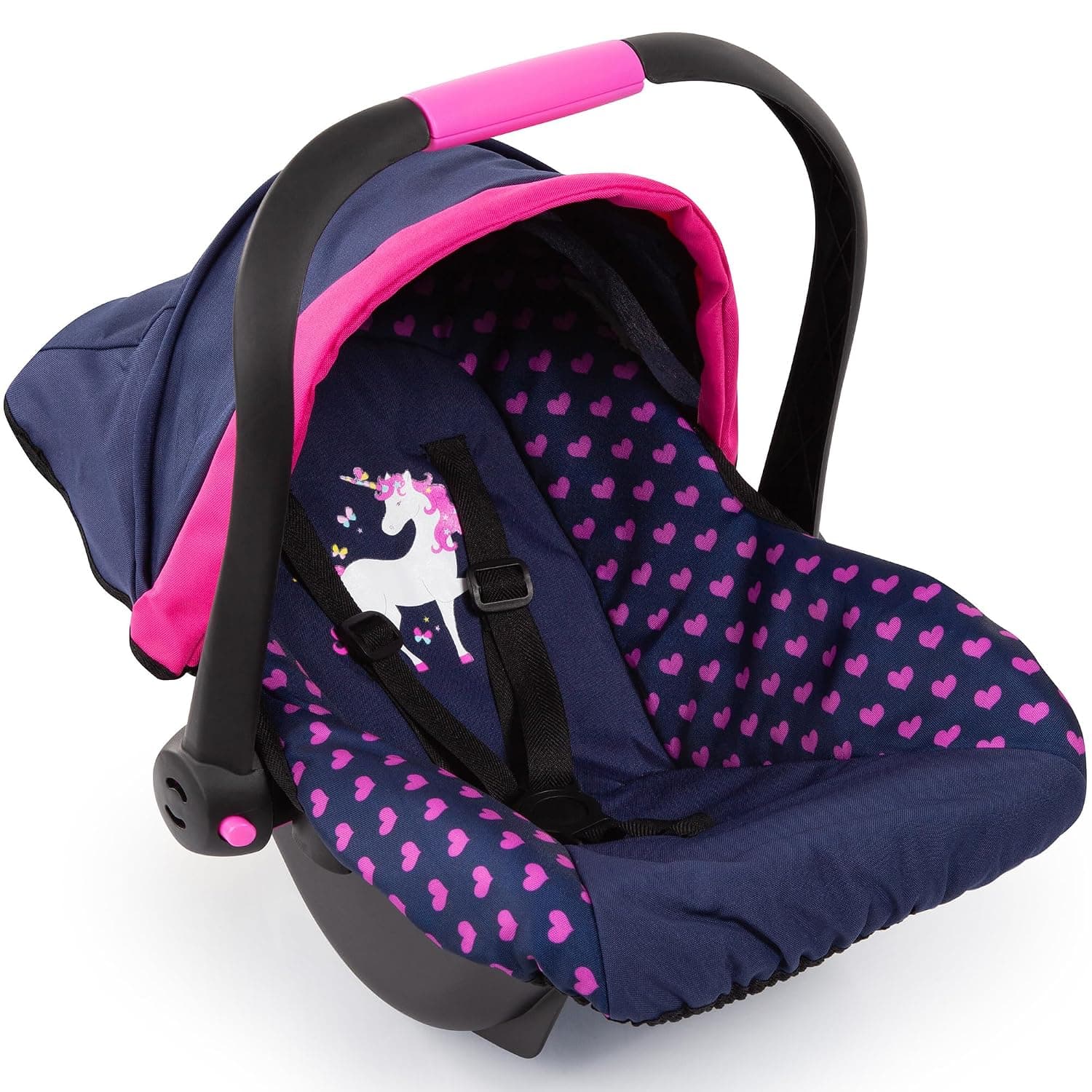 Bayer Design 67954AA Toy, car seat Easy Go for Neo Vario pram with Cover, Doll Accessories, Blue with Hearts and Unicorn Design