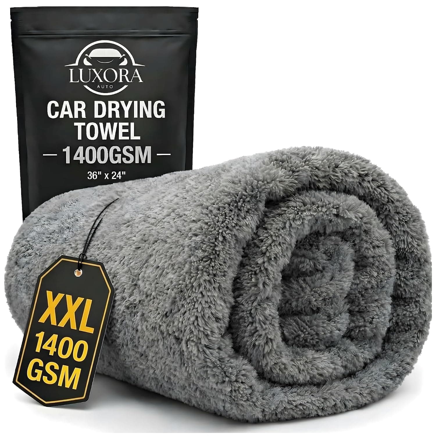 Car Drying Towel Extra Large 90cm x 60cm 1400 GSM Twisted Loop Microfibre - Charcoal Drying Towel Car Detailing, Double-Sided Edgeless Design, Super Absorbent, Durable Machine Washable and Lint-Free