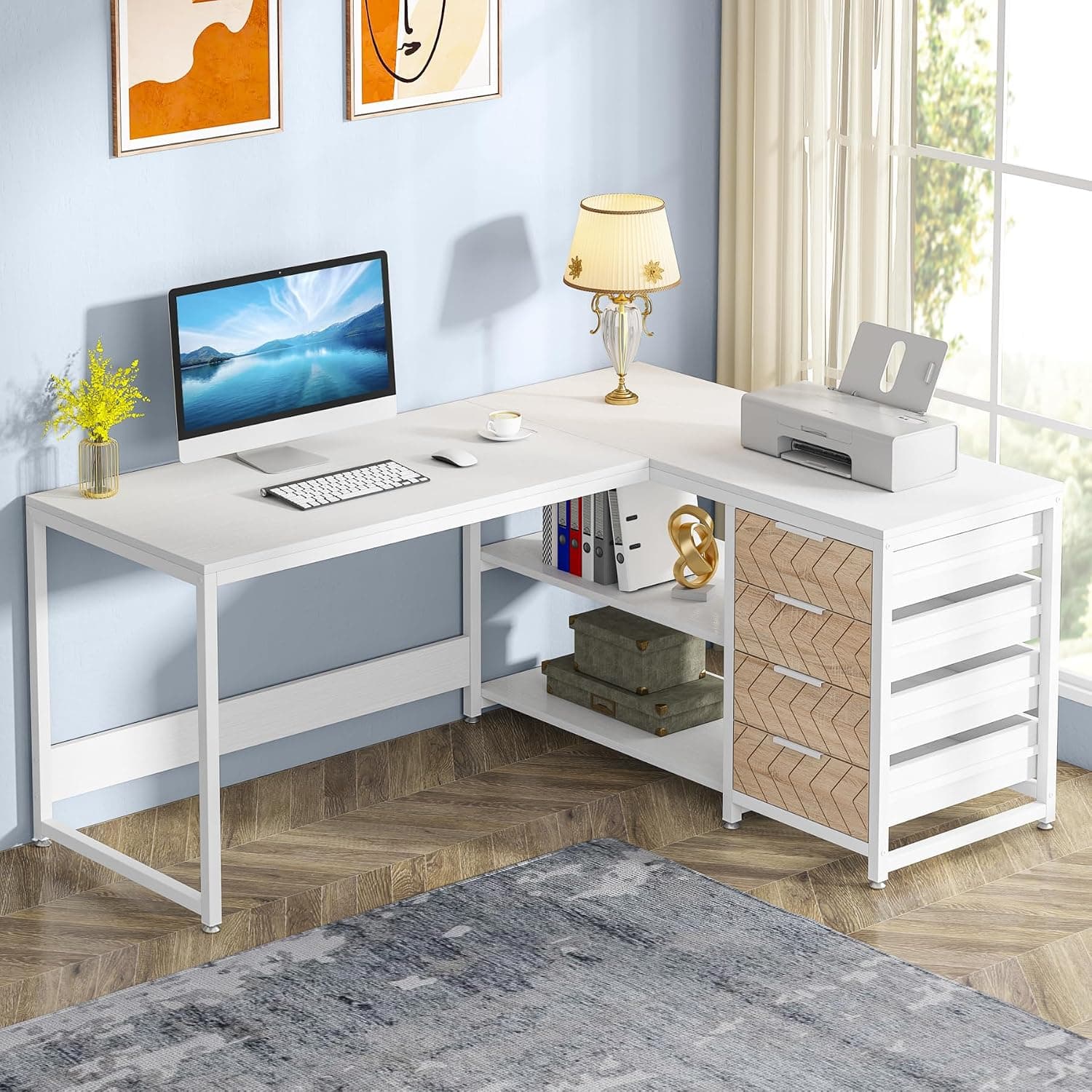 Tribesigns L Shaped Computer Desk with Storage Drawers, 150 cm Corner Desk with Shelves, Reversible L-Shaped Office Desk Study Writing Table Workstation for Home Office, White