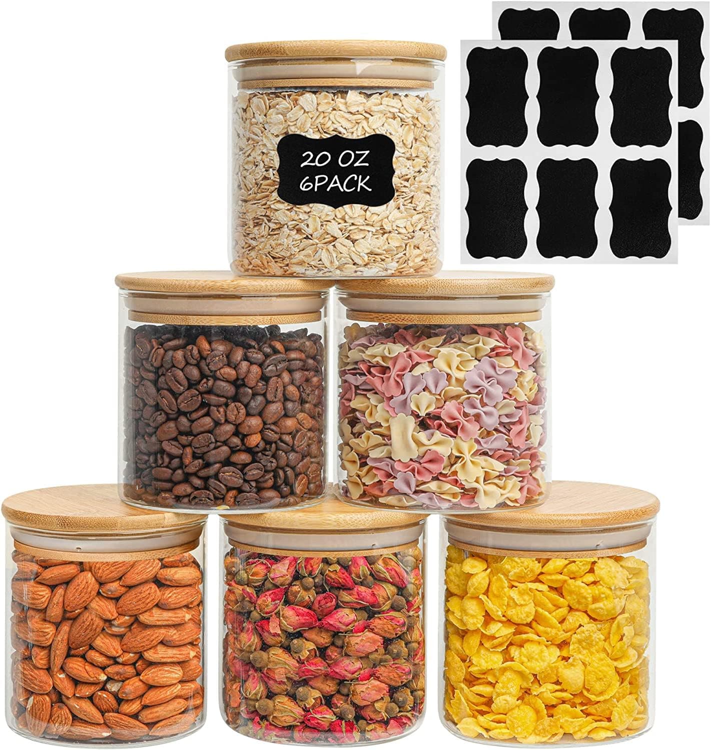 1CHASE Glass Food Storage Jars 900 ML (Set of 6), 32 Oz Clear Storage Containers with Airtight Bamboo Lid, Pantry Organization Jar, Spice, Blooming Tea, Coffee and Sugar Container (Round)