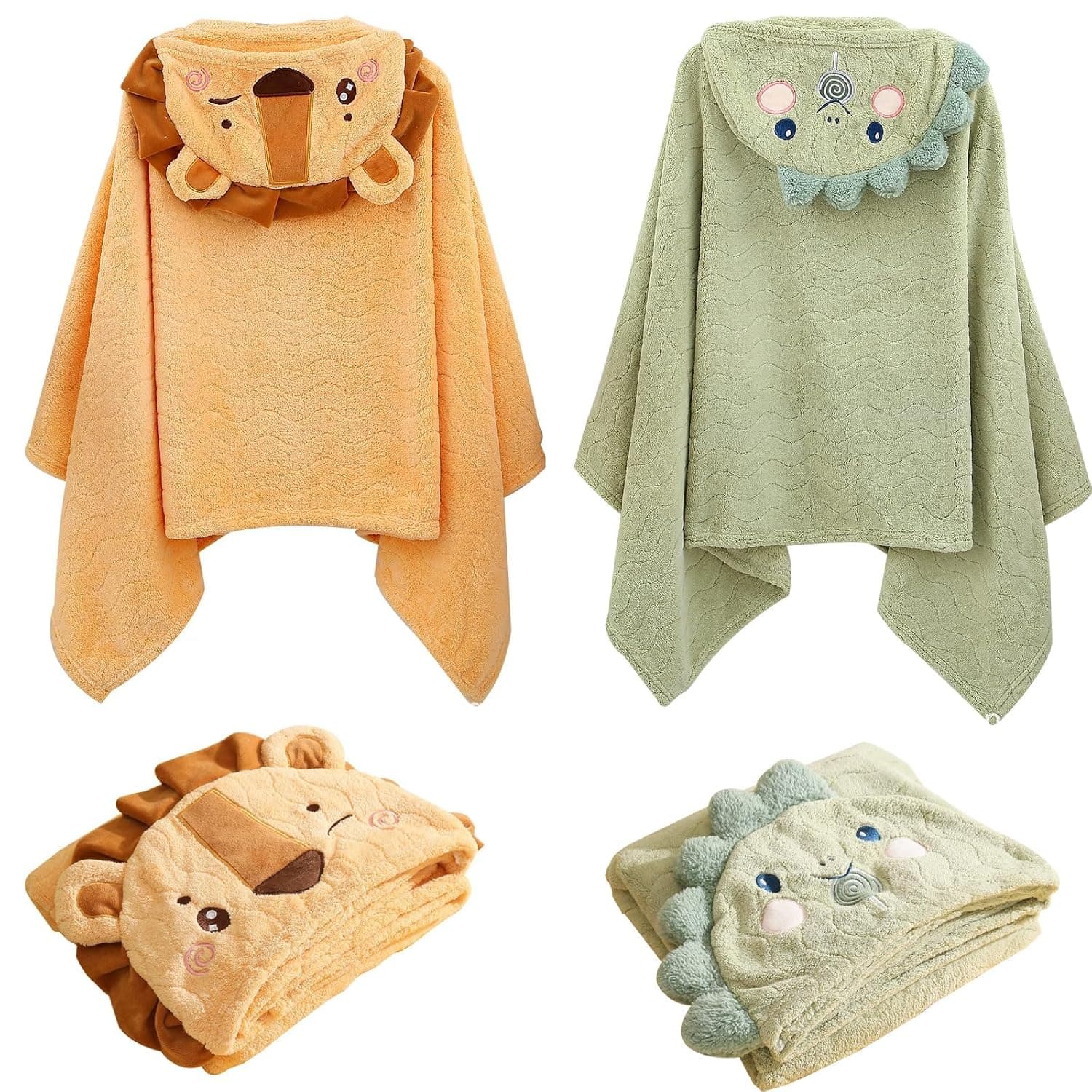 DHB Baby Hooded Towel, 2 Pcs Baby Bath Blanket Set, Superfine Fiber Baby Towel, Toddler Bathrobe, Infant Towels, Large Hooded Towel for Newborn Babies Boys & Girls (Dinosaur+Lion)