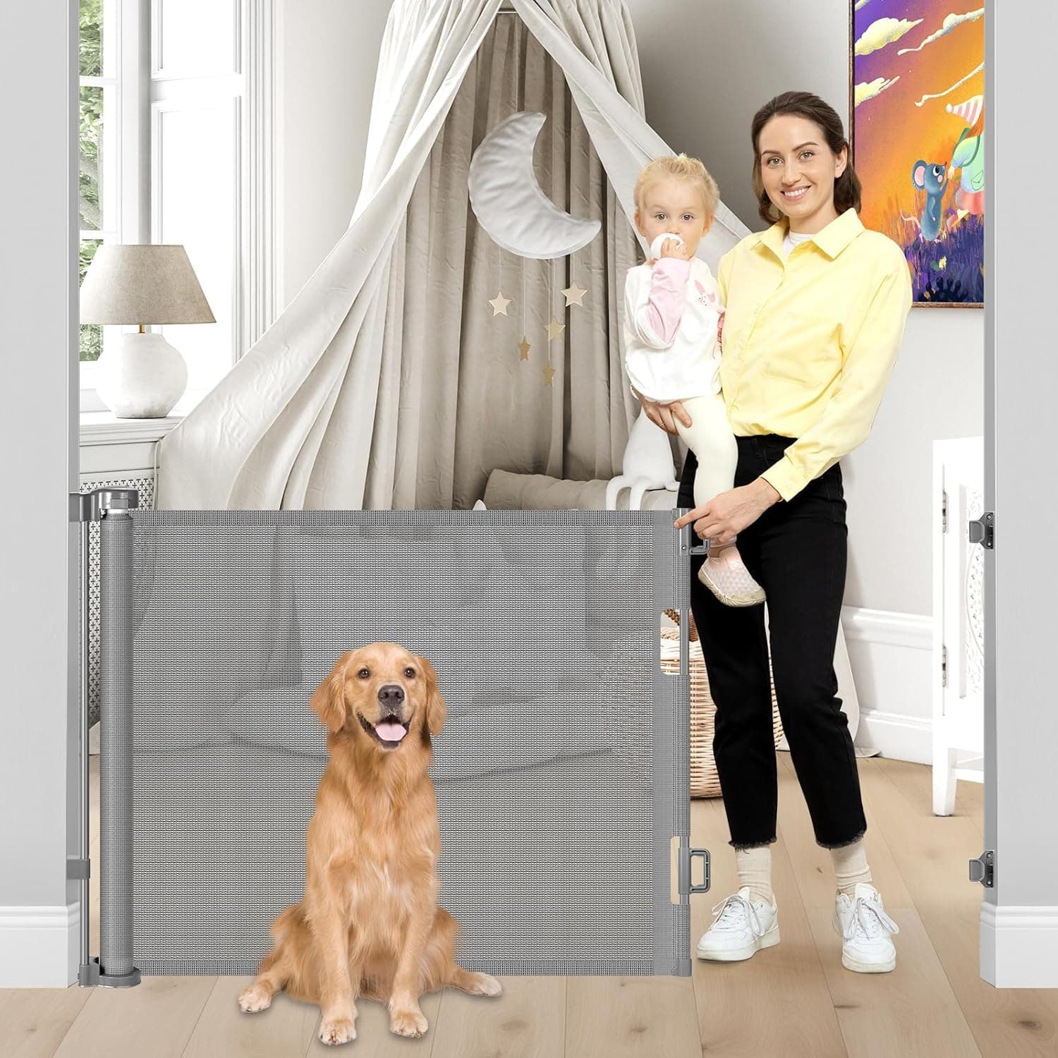 ZONEY Retractable Baby Gate, Mesh Baby Gate or Mesh Dog Gate, 86cm Tall, Extends to 150cm Wide Child Safety Gate for Doorways, Stairs, Hallways, Indoor/Outdoor (150 * 86cm Grey)