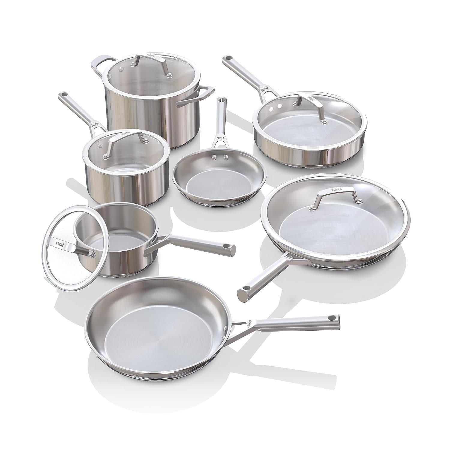 Ninja C99012 EverClad Commercial-Grade Stainless Steel Cookware Set, Tri-Ply Pots And Pans, Oven Safe to 600°F, PFAS Safe, All Stovetops & Induction Compatible, Stainless, 10.25", 12-Piece