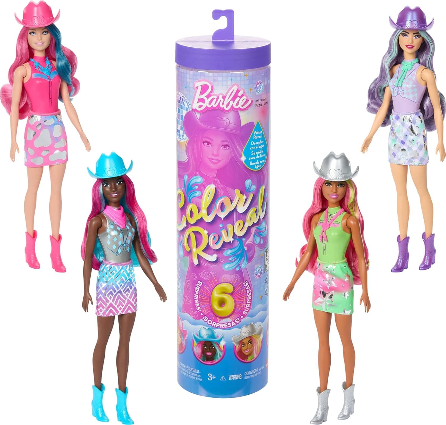 Barbie - Color Reveal Disco Star Series, Surprise Doll with Shiny Metallic Bodice and 6 Accessories Included, Colour Changing Effect, Toy for Children, 3+ Years, JCP01