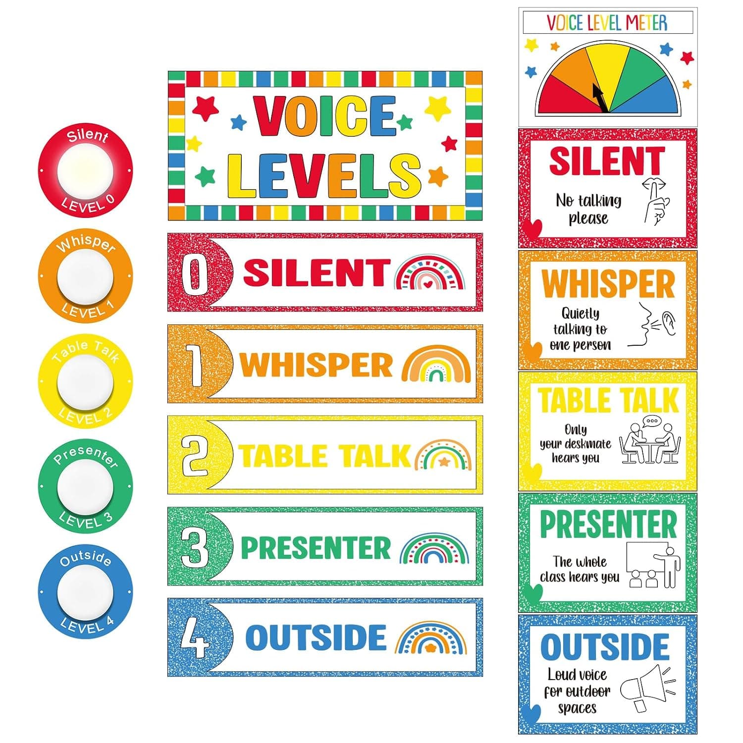 ForraFun 22 Pcs Colorful Composition School Push Light and Voice Level Poster Sticker LED Tap Light Voice Chart Battery Operated Button Lights Noise Level Monitor Rules Sign for Classroom Teachers