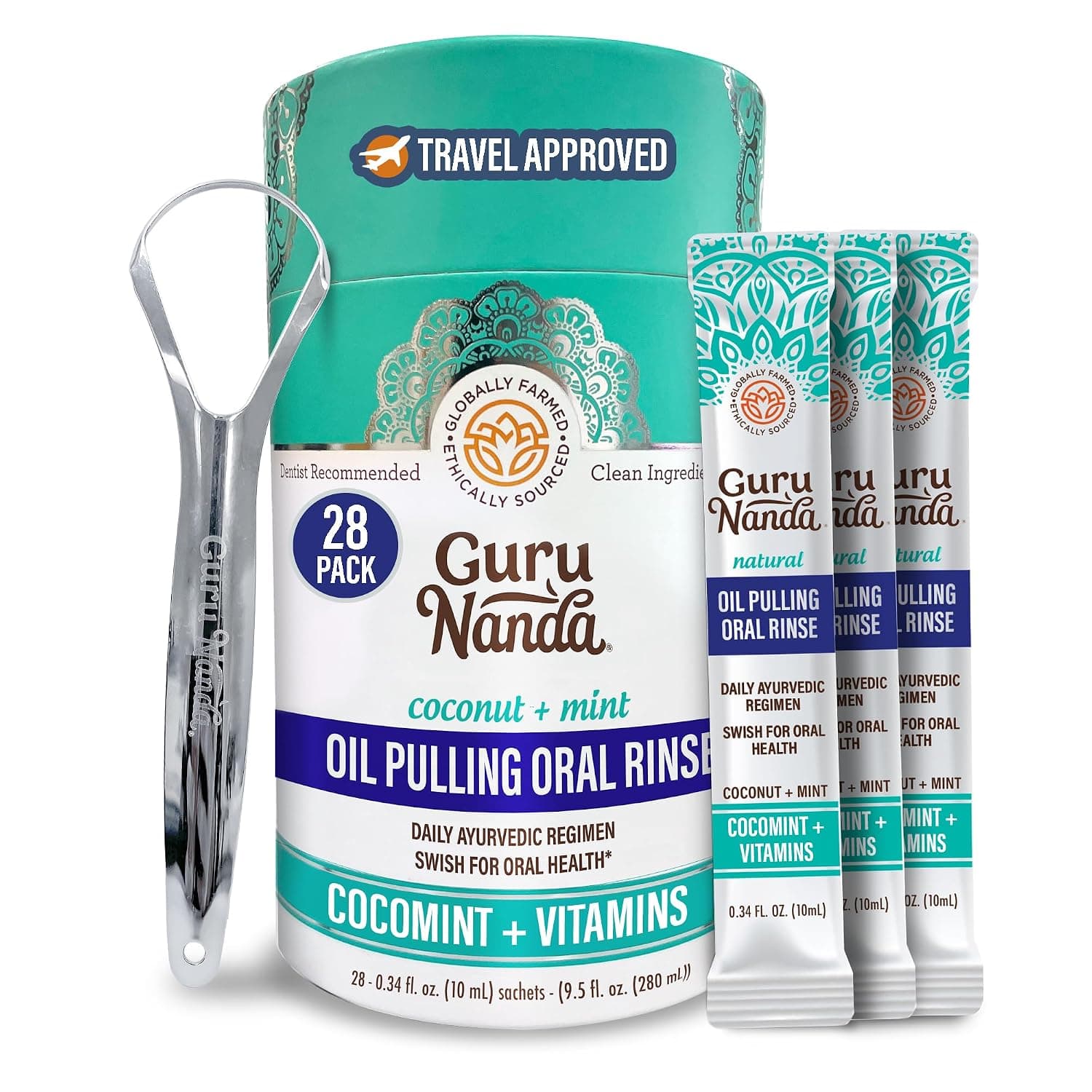 GuruNanda Oil Pulling Travel Sachets - 28 Sachets with Coconut Oil, 7 Essential Oils,Vitamins D, E & K2 - Ayurvedic Mouthwash for Oral Care - Supports Bone & Gum Health, Fresh Breath & Teeth Whitening