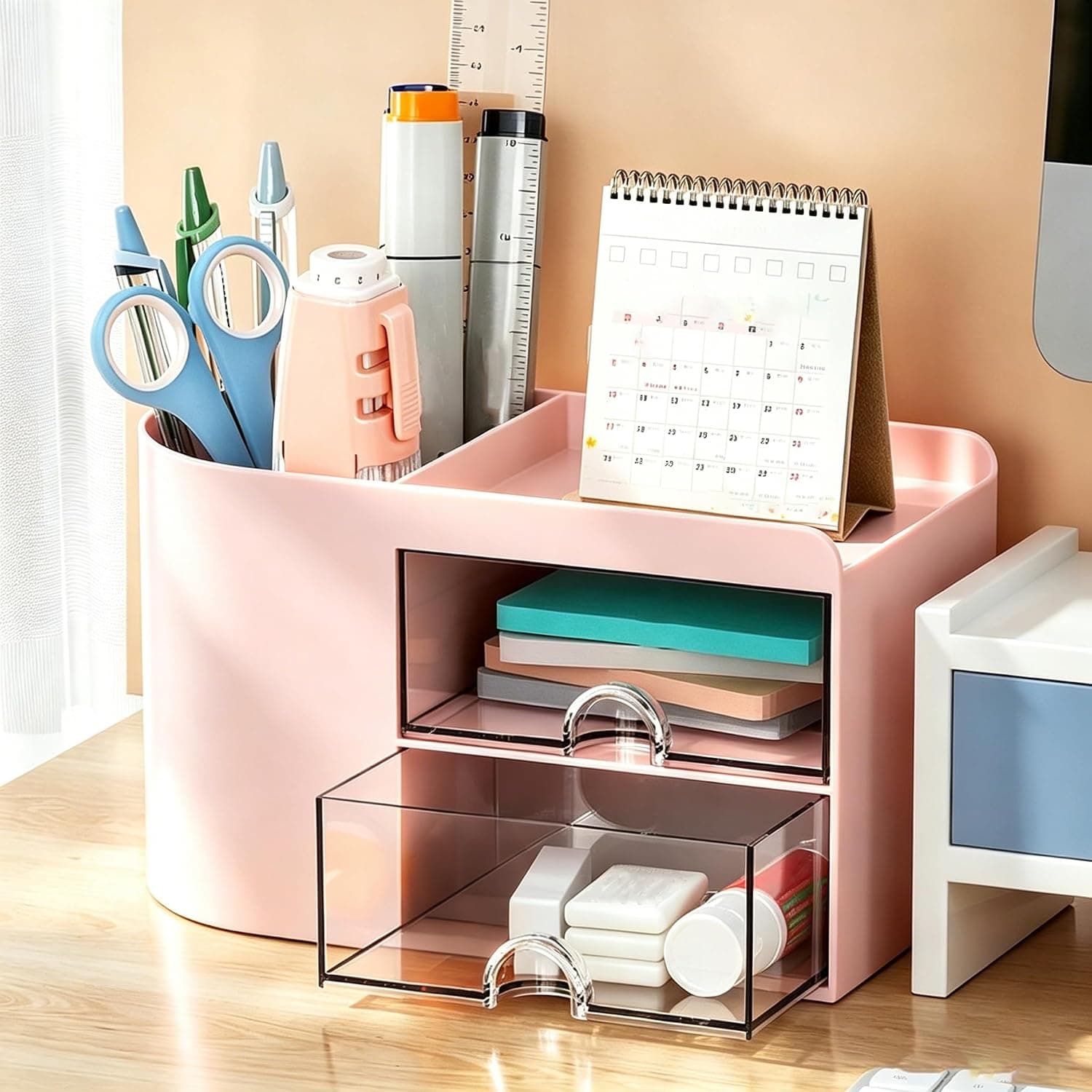Pen Holder Desktop Organizer, Multi-Functional Pencil Pen Holder, Storage Box for Office Home Supplies,Pink