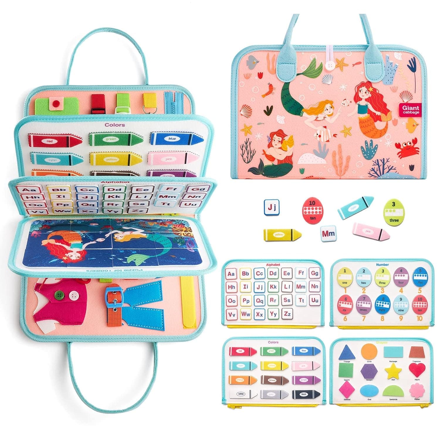 Busy Board Sensory Toys, Toddler Travel Activities Educational Mermaid Montessori Toys for 2 3 4 Year Old Girls Boys Gift