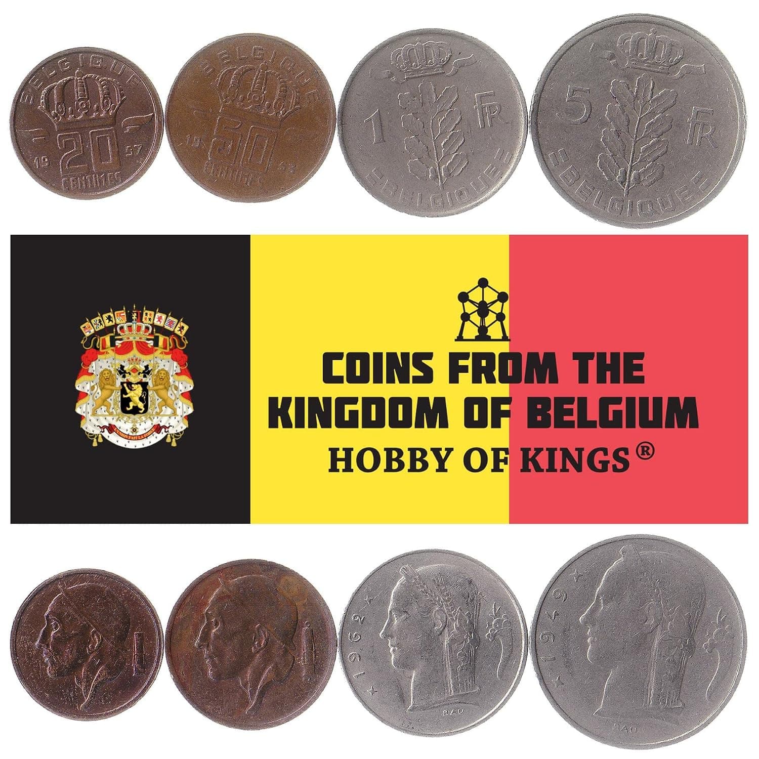 4 Coins Set from Belgium | Europe Coin Set Collection 20 50 Centimes 1 Franc 5 Francs | Circulated 1948-1963 | Old Collectible Currency for Collectors, Numismatic Album or Money Holders