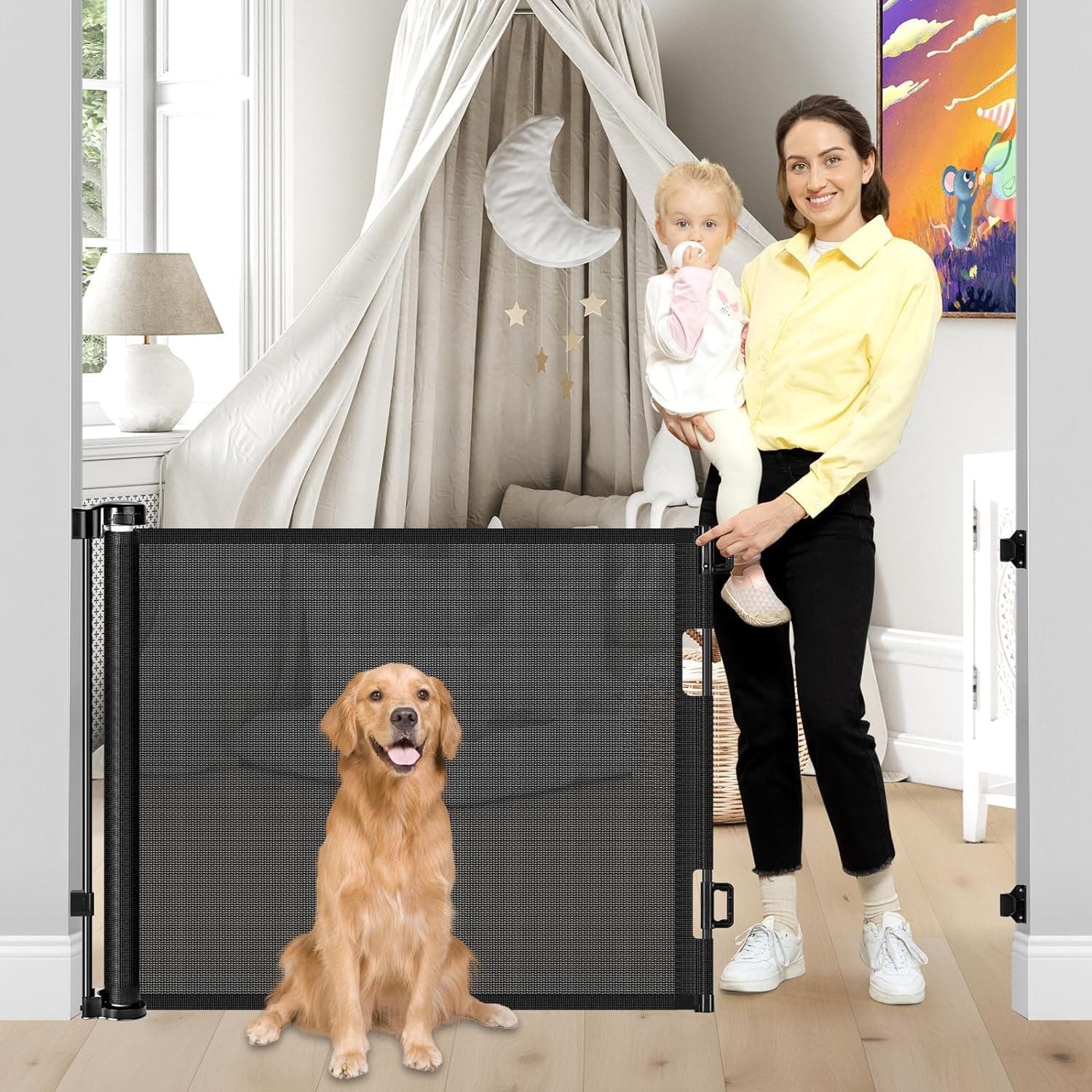 ZONEY Retractable Baby Gate, Mesh Baby Gate or Mesh Dog Gate, 86cm Tall, Extends to 150cm Wide Child Safety Gate for Doorways, Stairs, Hallways, Indoor/Outdoor (150 * 86cm Black)
