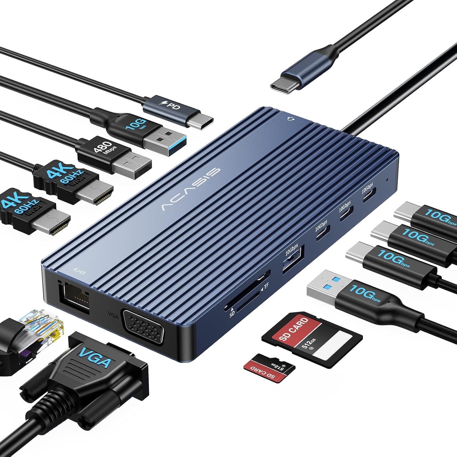 قاعدة شحن USB C مزدوجة HDMI، قاعدة شحن لابتوب 3 شاشات، 2 × 4K HDMI + 1080p VGA+100W PD+Ethernet+3 USBC 10Gbps+SD/TF+محول صوت، موزع USB C لديل ولينوفو واتش بي وثينك باد