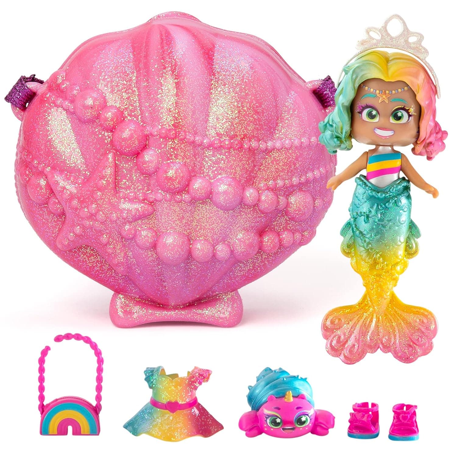 KOOKYLOOS - 1 doll 3 unique expressions! CORAL Mermaid doll with 1 shell-bag, 1 mermaid tail, 1 pet, clothes and accessories