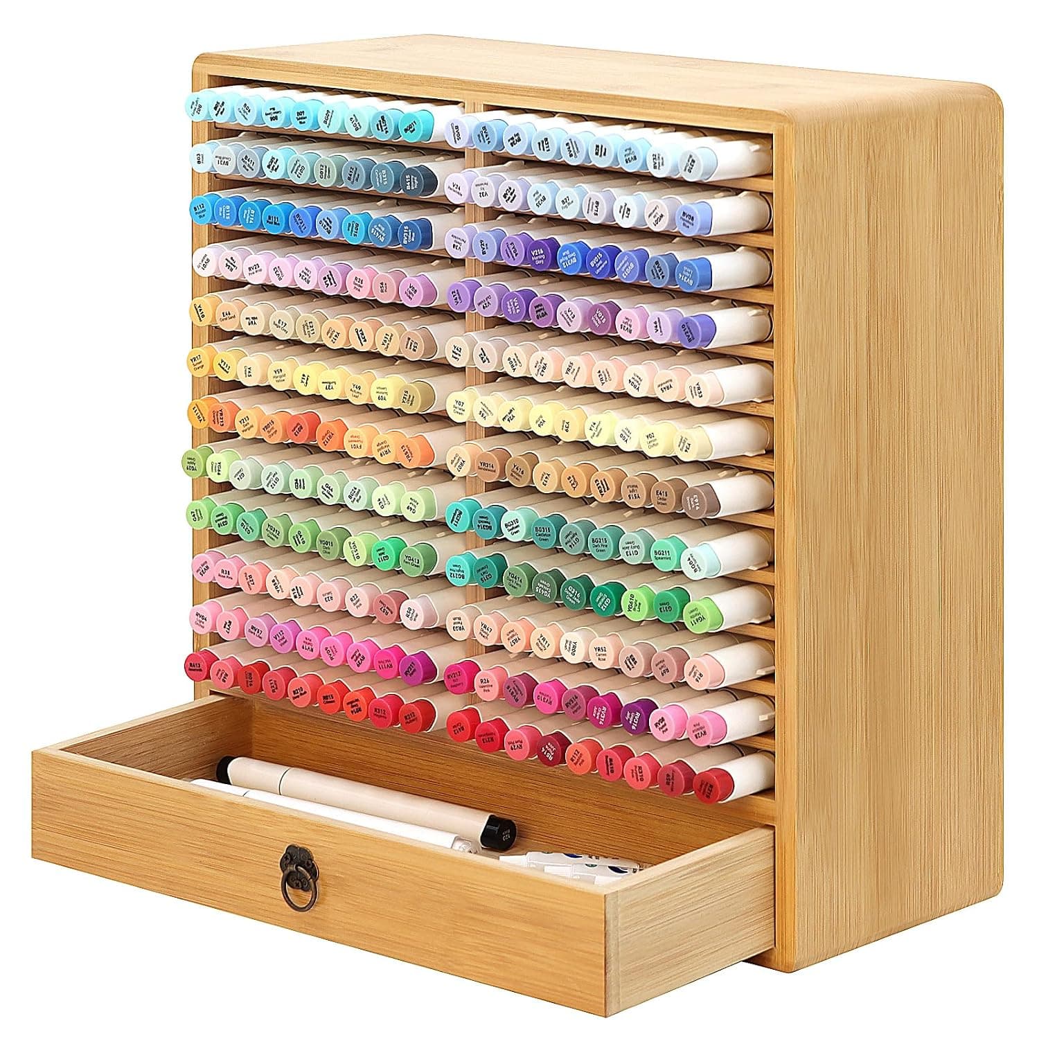 Marker Organizer, 24 Slots Wooden Storage for Up to 216 Markers with Drawer | Art Supply Alcohol Pen Storage Desktop Bamboo Marker Holder,Keeping Color Visible,Easy to Reach in Home Office and Classroom.