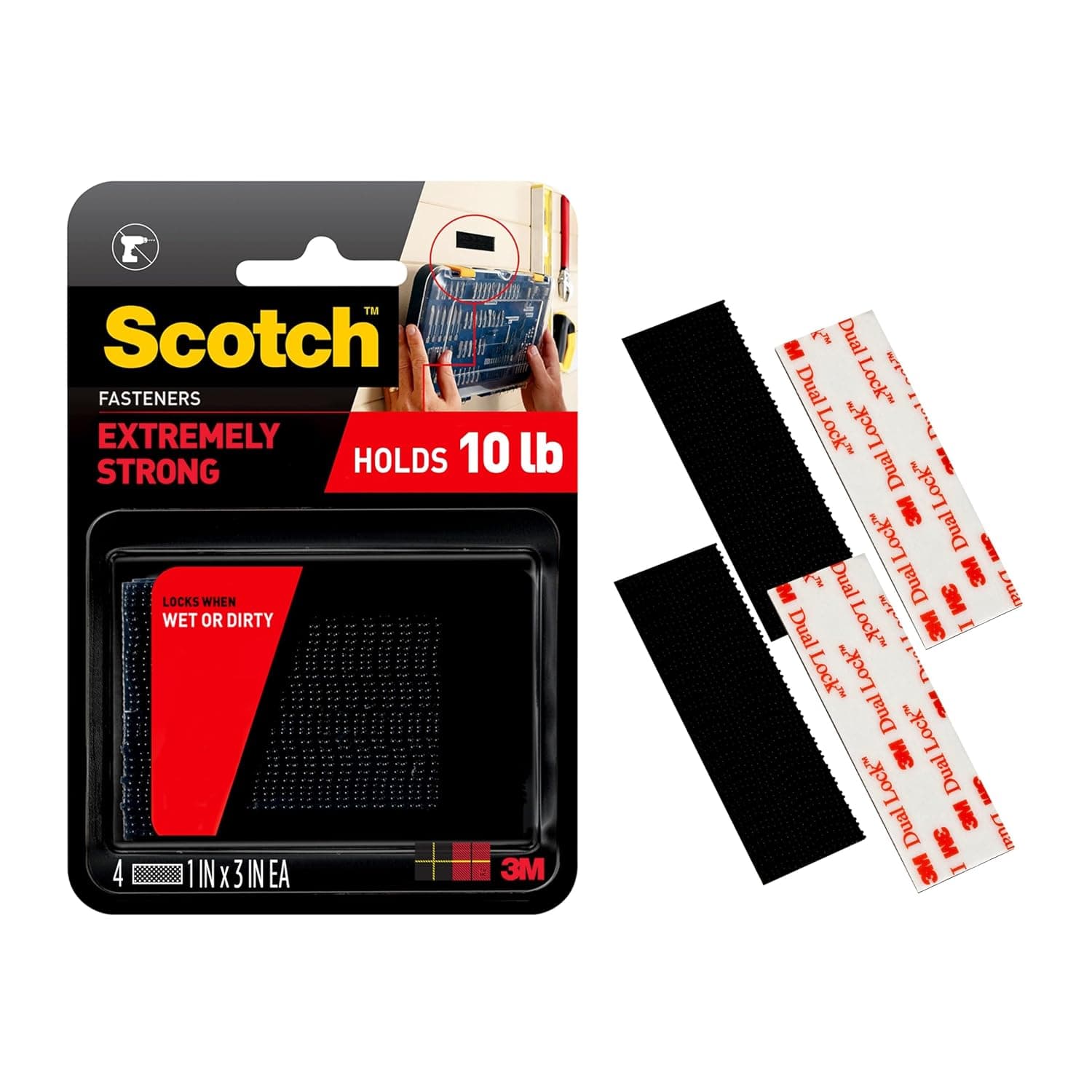 Scotch Extreme Interlocking Fasteners, 1 in x 3 in, 2 Sets, Black, Holds up to 10 lbs (1 set holds 2 lbs)
