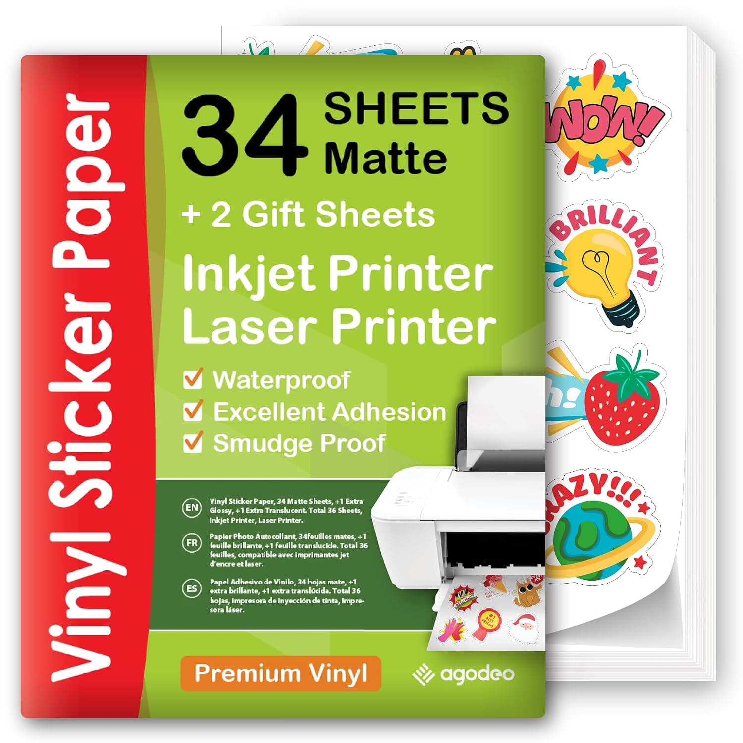 AgoDeo Premium Printable Vinyl Sticker Paper for Inkjet & Laser Printer - 34 Sheets Self-Adhesive Sheets Matte White Waterproof, Dries Quickly Vivid Colors, Holds Ink well- Tear Resistant