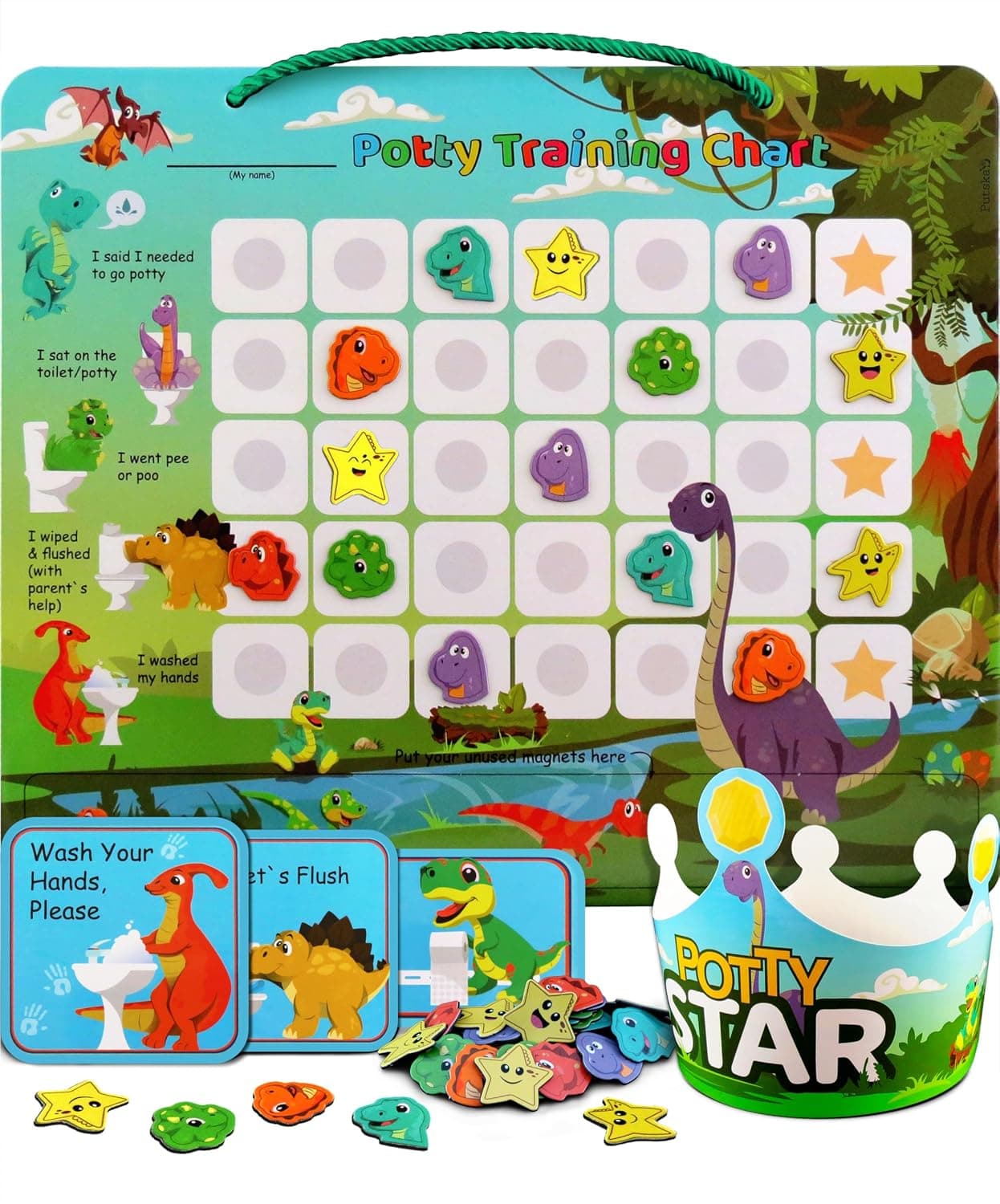 Potty-Training-Chart-with-35 Reusable Magnetic-Stickers. A Dinosaur Potty Chart That Reward Toddlers – Motivational Toilet Potty Training Stickers Chart for Boys & Girls (Dinosaurs)