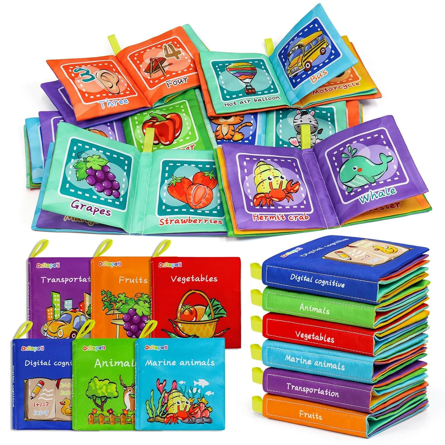 Dr.Rapeti Pack of 6 Fabric Books for Babies, Baby Soft Cloth Book, Baby Educational Toy, Early Learning Toy, Washable Anti Tear Crinkle Bath Book, Early Education Toy (English)